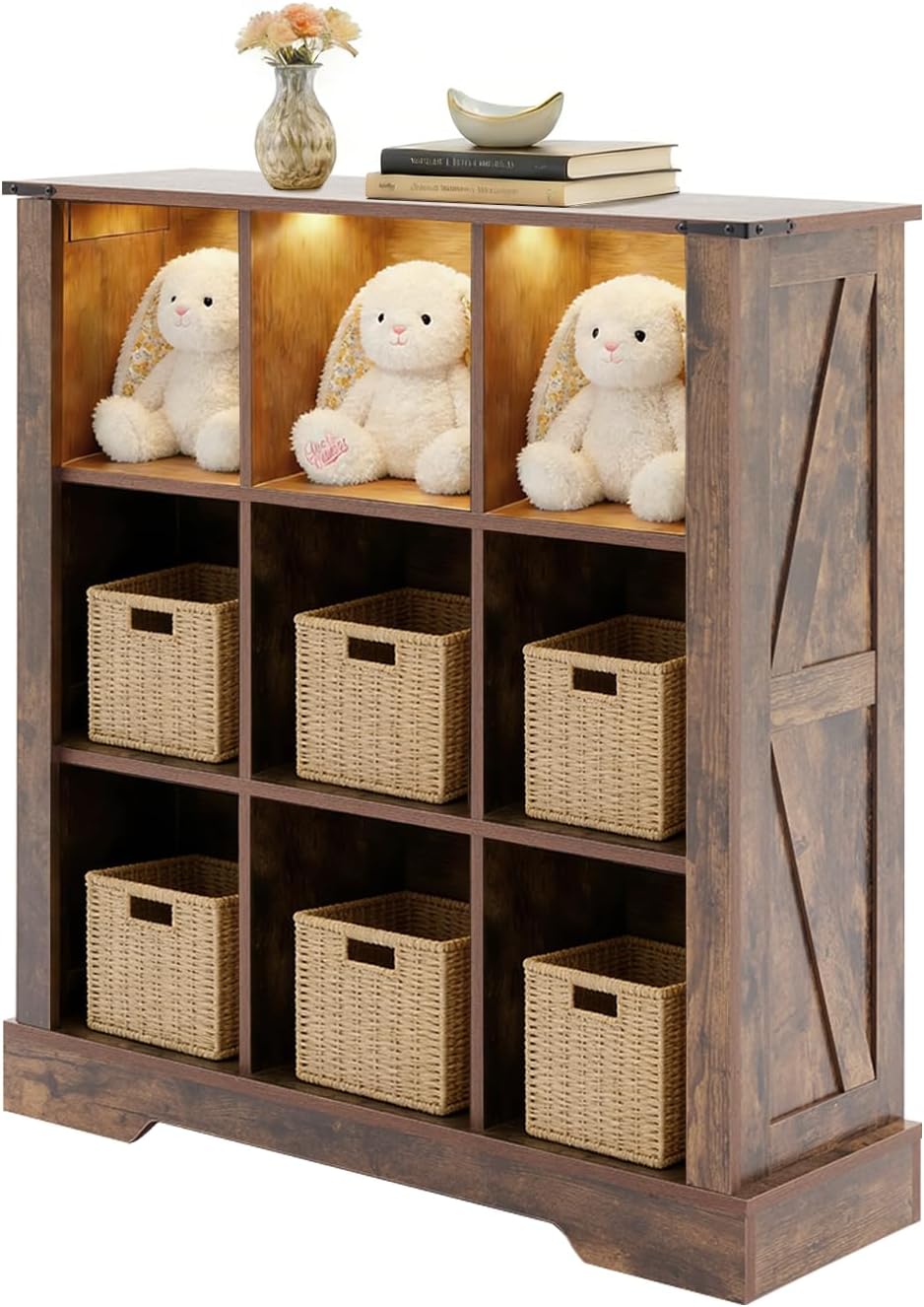 6 Cube Storage Organizer with LED Lights, Wooden Cube Bookcase with Back Panel, White Cube Shelf Freestanding Bookshelf, Hallway TV Stand for Living Room, Bedroom, Office