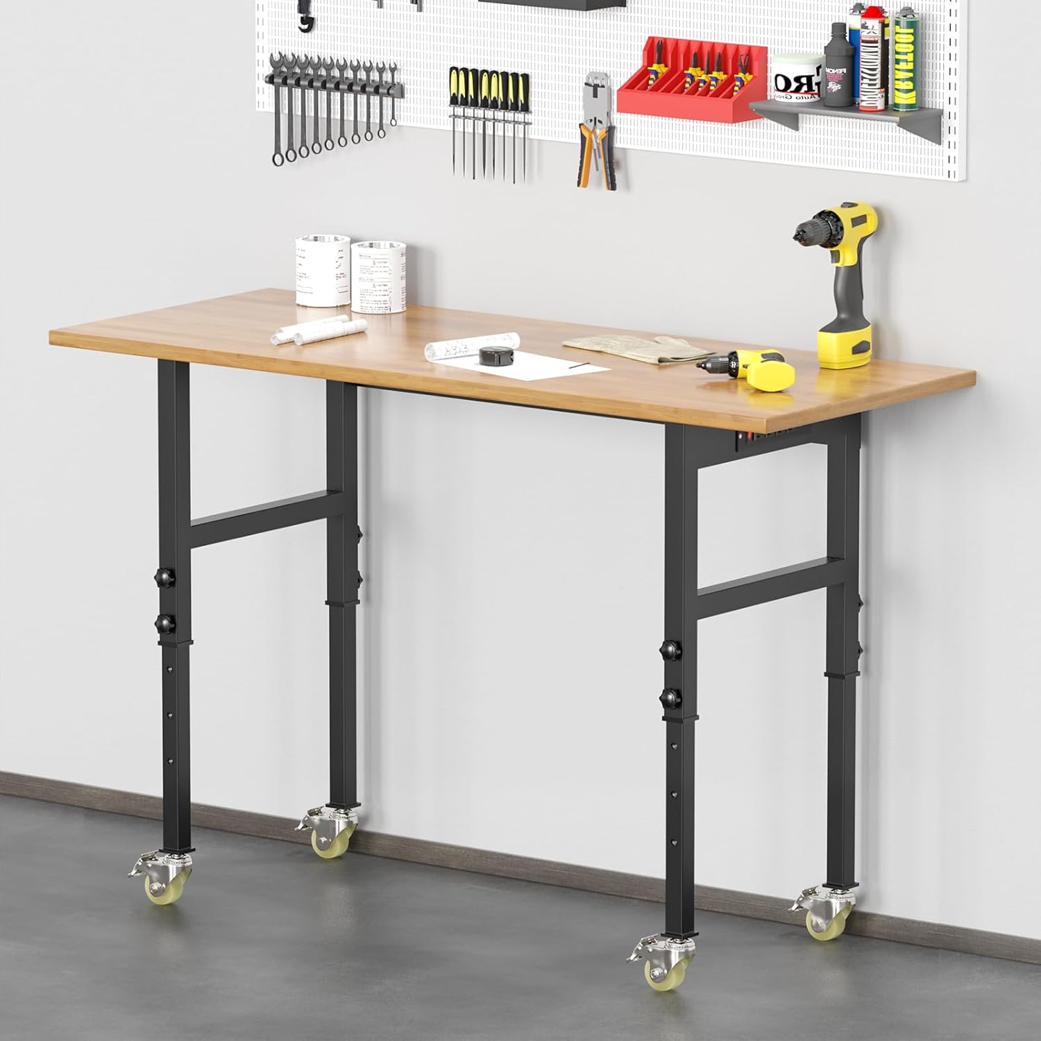 48" Adjustable Height Heavy Duty Work Bench Rubber Wood Top Rolling Worktable with Power Outlet and Wheels 2200 Lbs Capacity Hardwood Workstation for Garage, Workshop, Office, Home