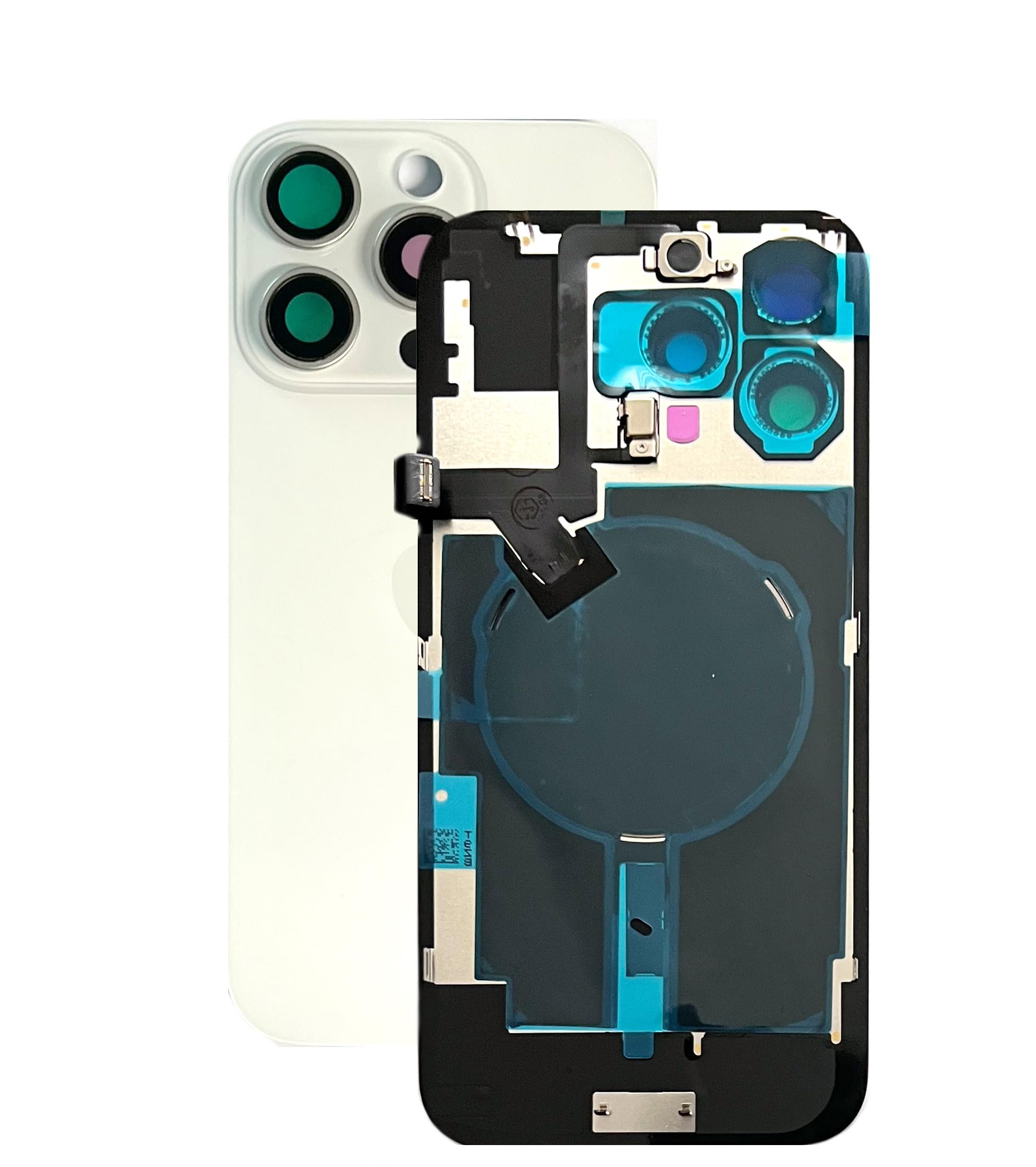 SVV Tapa trasera para iPhone 16 Pro Serie. 16Pro Premontada: con cable flexible QI/NFC, imán, soporte de metal, anillos de cámara, etc. exactamente como en la foto. Cristal trasero de repuesto. OEM