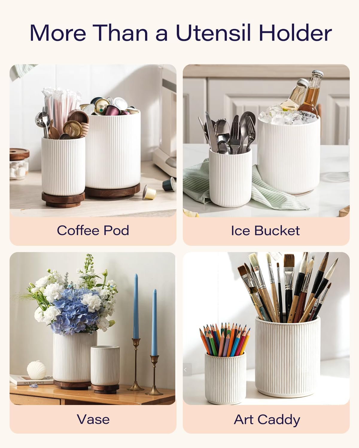 getstar Large Rotating Utensil Holder for Kitchen Counter,7.2"+5.4" Ceramic Utensils Crocks Set for Countertop Large & Small Utensil Organizer for Spatula Farmhouse Kitchen Decor