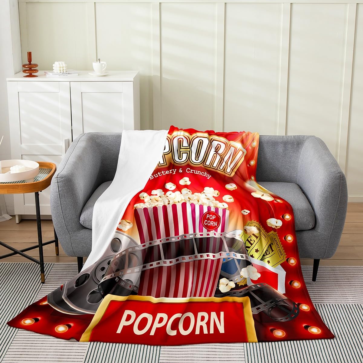 Popcorn Flannel Fleece Blanket Double 60"x79" Movie Theater Decor Plush Throw Blanket for Girls Children Movie Night Cinema Blanket Room Decor Old Fashion Home Theater