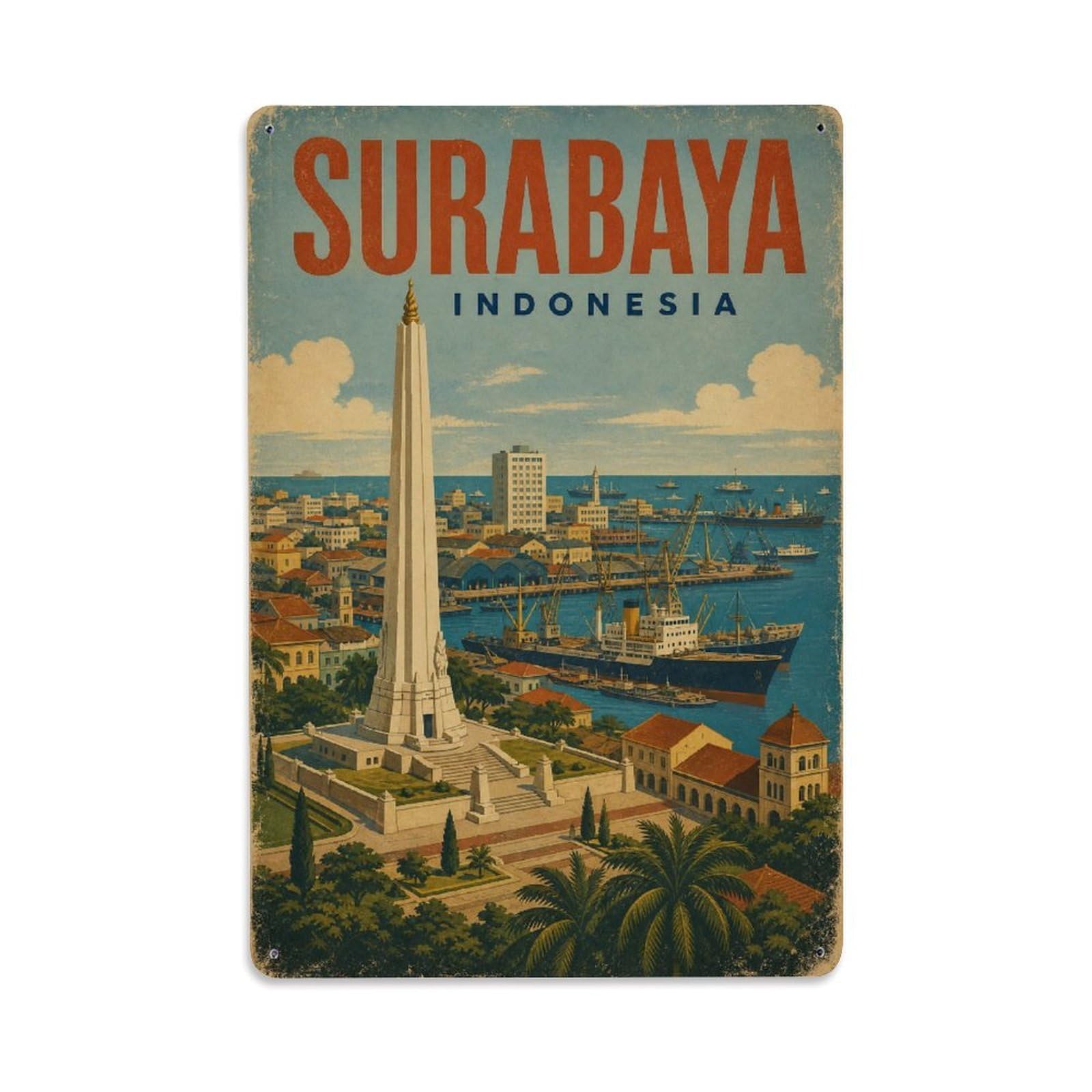 Travel Vintage Indonesia Surabaya Metal Tin Sign Plaque Wall Decor for Cafe, Club Bar, Office, Garden Metal Poster 8x12Inch