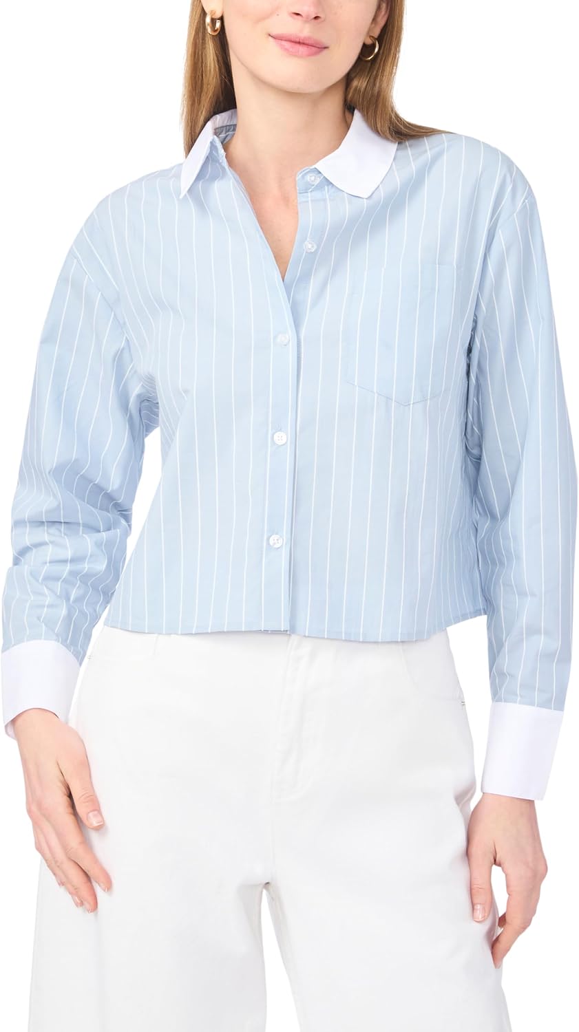 1.State Women's Contrast Collared Long Sleeve Button Front Top