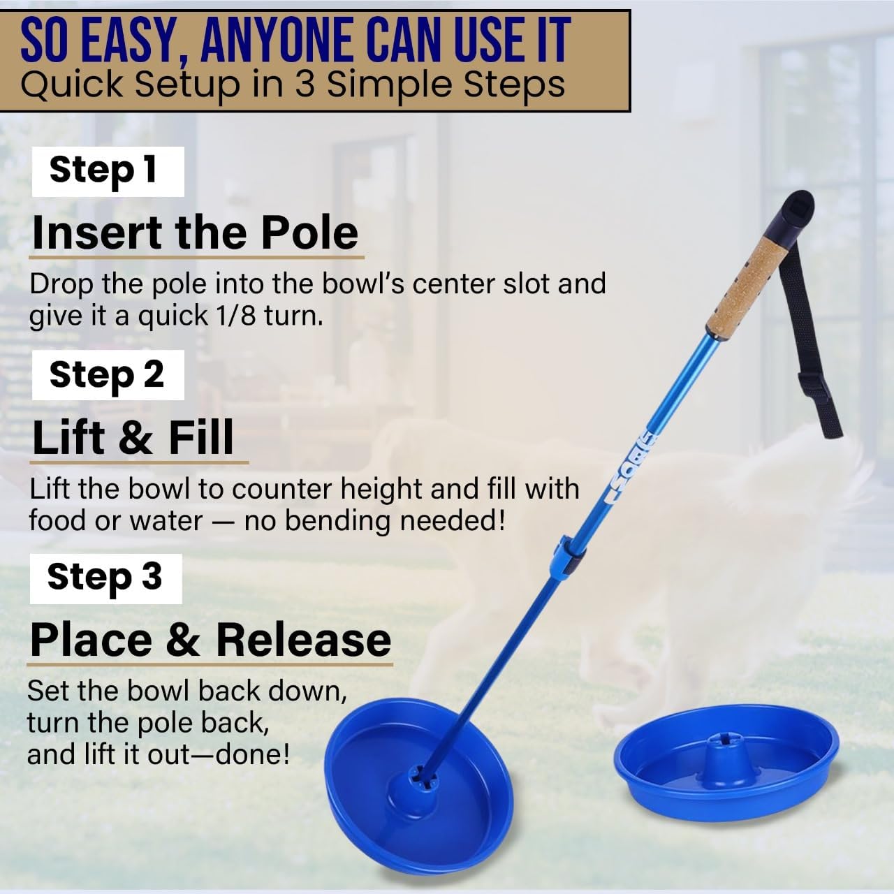 UpBowl™ No Bend Pet Bowl Kit – Pole & 2 Bowls | Easy Lift, Fill & Place Dog or Cat Bowls Without Bending