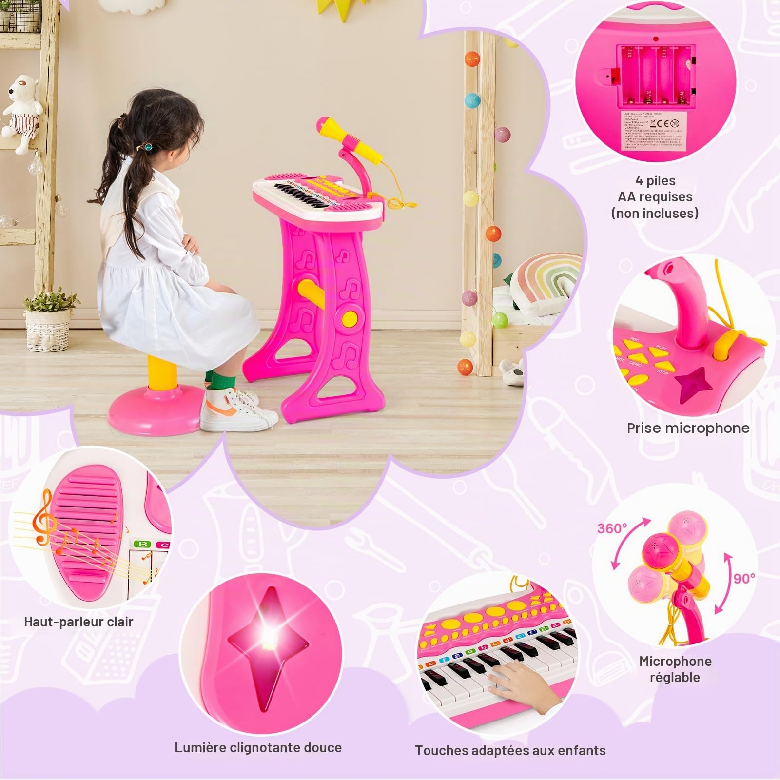 KOMFOTTEU Clavier pour Enfants 31 Touches avec Effets sonores Lumineux & Microphone, Piano électronique Jouet INCL. Clavier pour Enfants 22 Beat/8 Tons/7 rythmes (Rose)