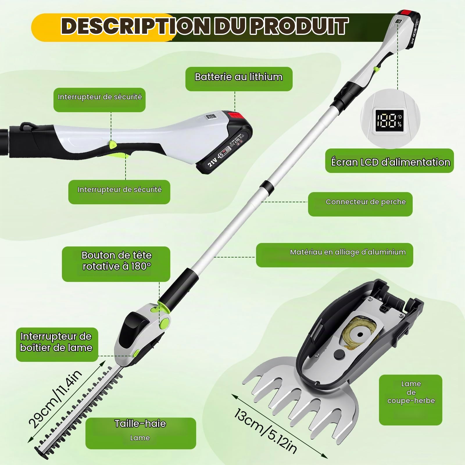 Taille-Haies Télescopique 4-en-1 sur Batterie avec 2 Batteries, Taille-Haies à Perche avec Rallonge Rigide jusqu'à 1,4 m, Tête de Coupe Orientable 11 Positions avec 2 Lames, Taille-Haies + Coupe-Herbe