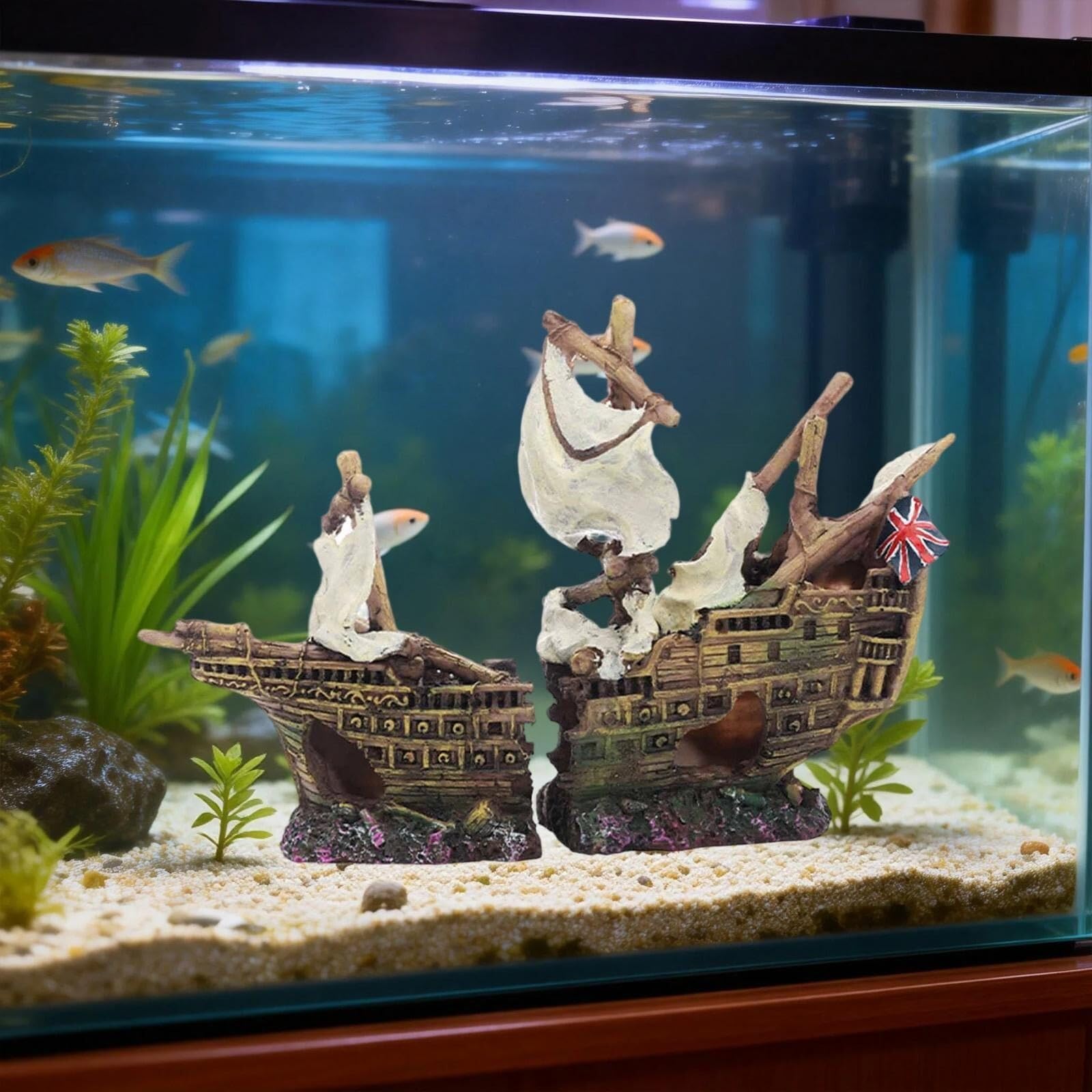 Akwarium wrak statku – wytrzymałe schronienie z żywicy jako kryjówka dla ryb, raków, żab i gadów w basenie rybnym lub terrarium (styl B)