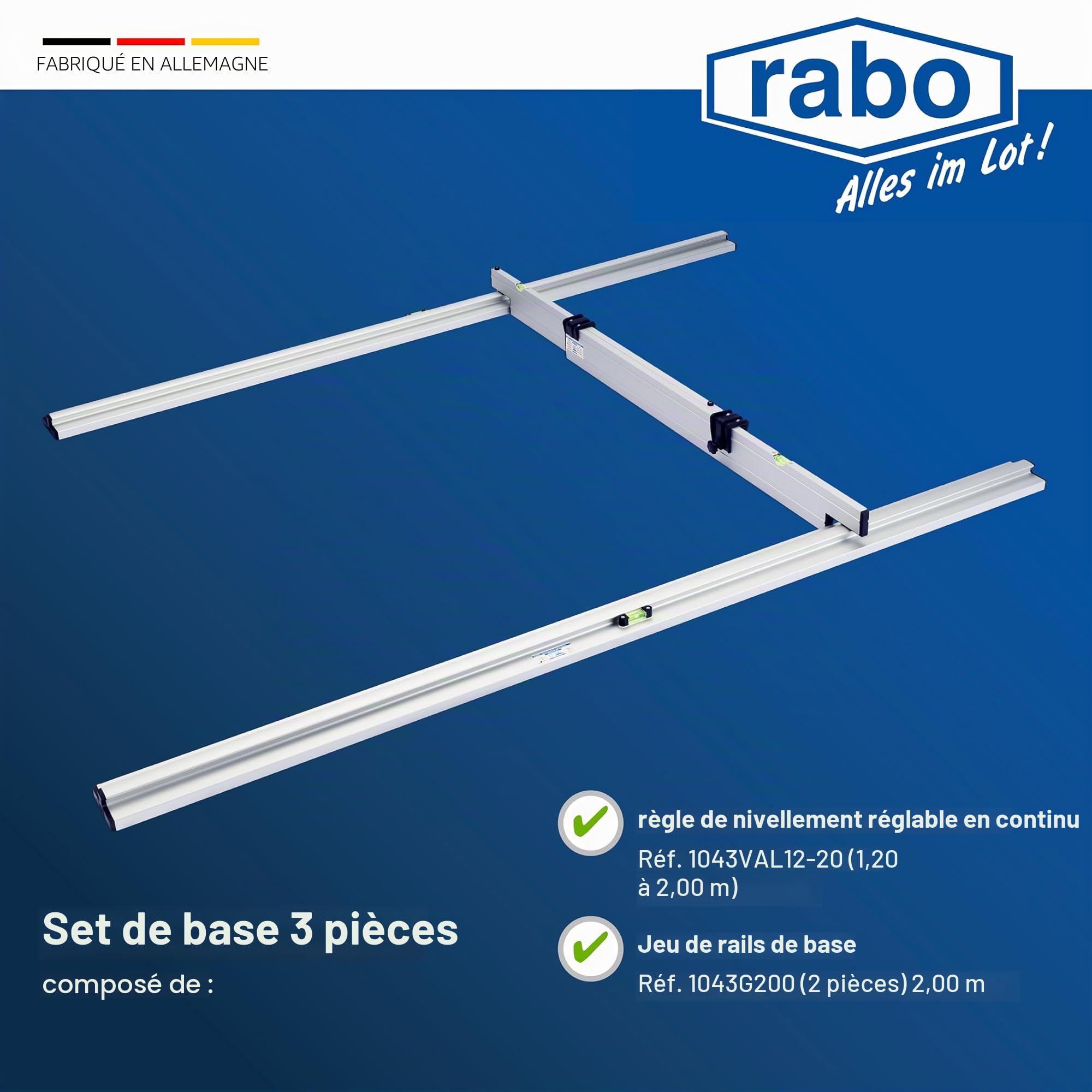 'rabo sec schüttung Leçon "Base 3 pièces, anodisé naturel, horizontallibellen réglable, 2 rails 2,00 m avec poignée encastrée, 1 outil de rattrapage Base réglable en continu 1,20–2,00 m