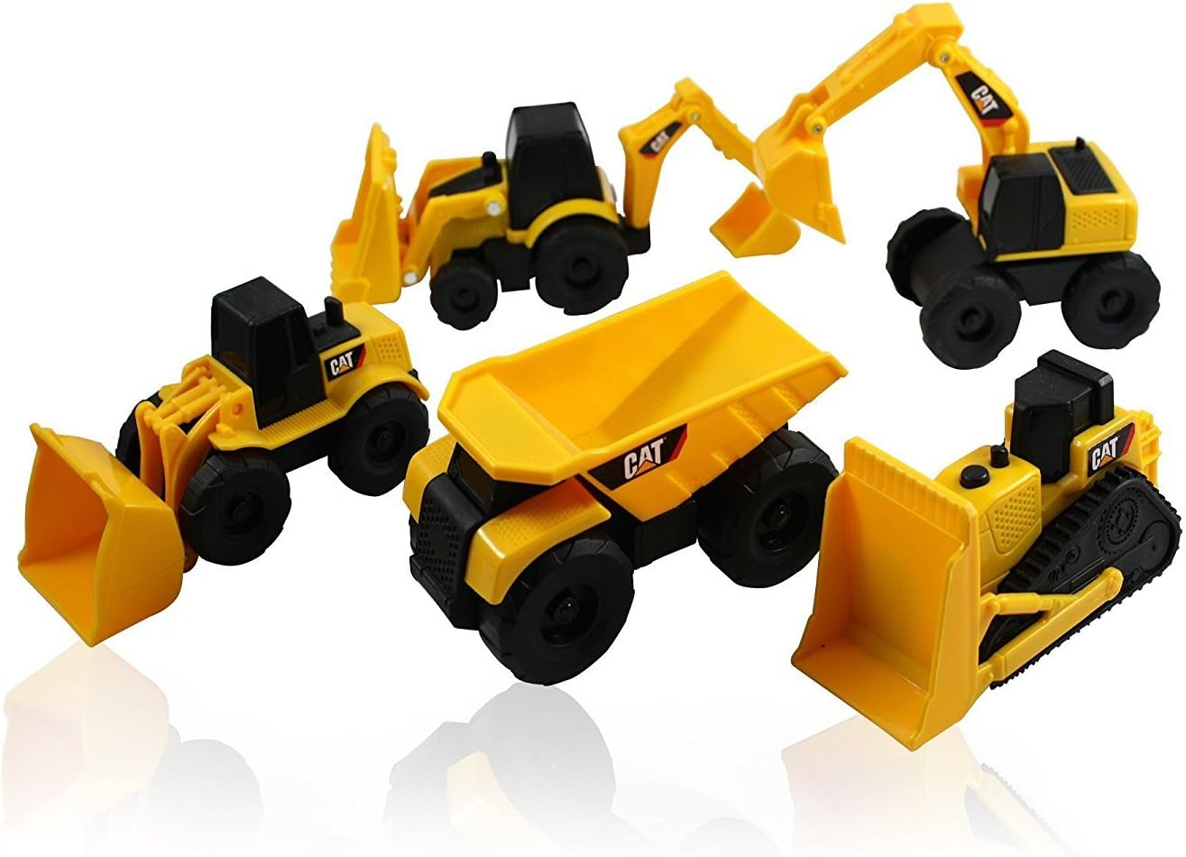 CAT Mini Machine Caterpillar Construction Truck Toy Cars Set of 5, Dump Truck, Bulldozer, Wheel Loader, Excavator and Backhoe Free-Wheeling Vehicles w/Moving Parts -Great Cake Toppers