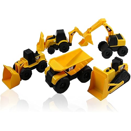 Caterpillar CAT Mini Machine Construction Truck Toy Cars Set of 5, Dump Truck, Bulldozer, Wheel Loader, Excavator and Backhoe Free-Wheeling Vehicles w/Moving Parts -Great Cake Toppers
