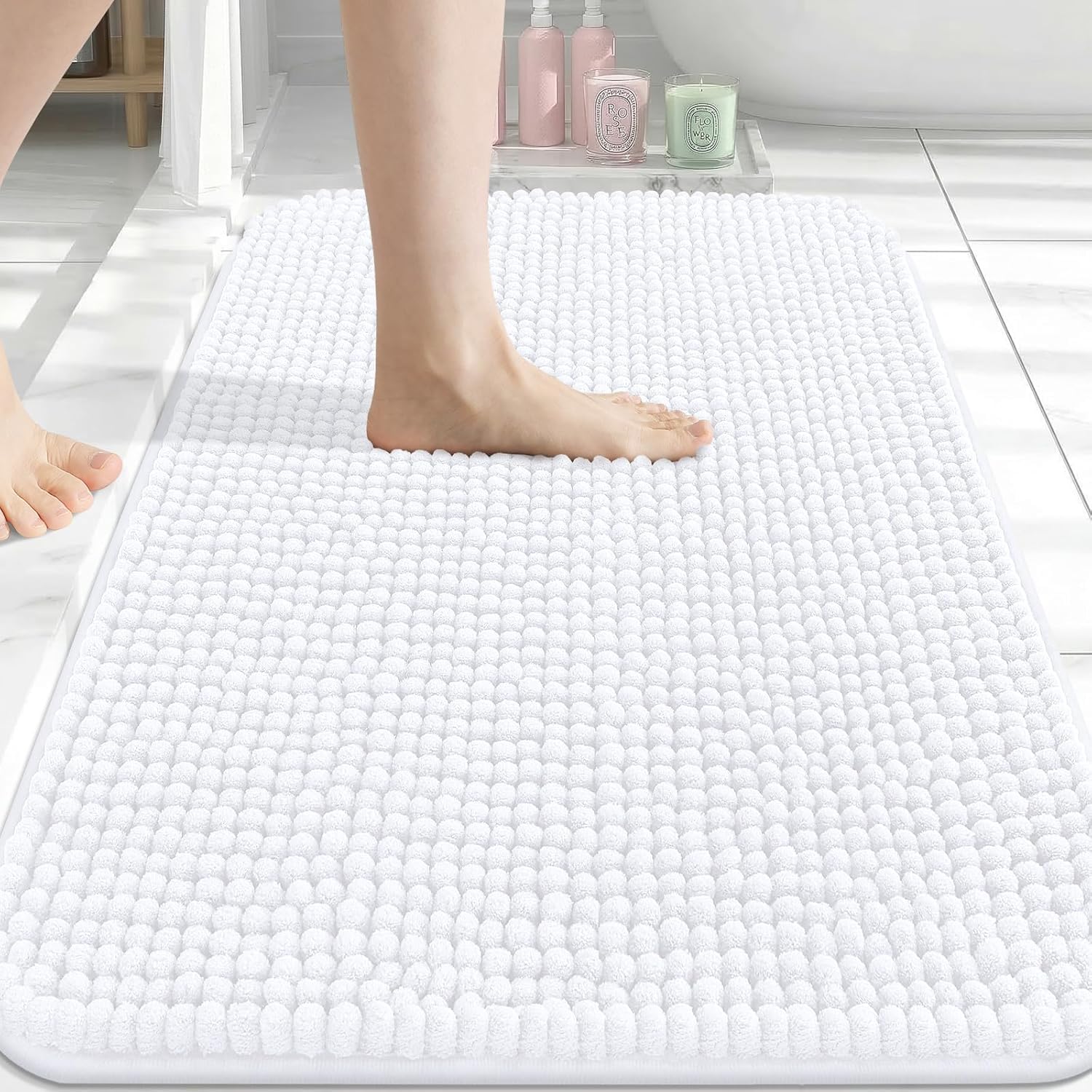 Hafaa Bath Mat Non Slip Anti Mould – White Chenille Bathroom Mat 60 x 90 cm Machine Washable Bath mats Super Absorbent Extra Soft Fluffy Shower mat