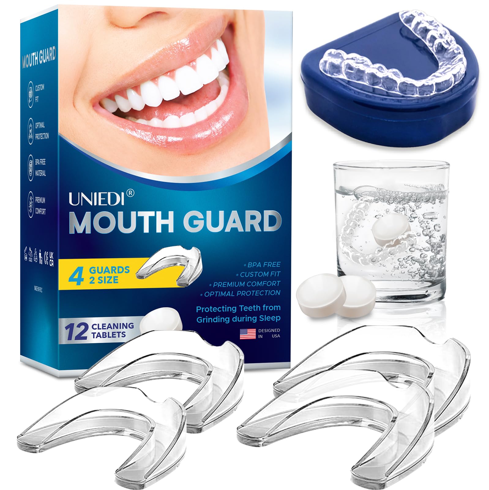 Anti Grinding Guard, Mouth Guard for Grinding Teeth at Night, Mouth Guard for Clenching Teeth at Night, Night Guards for Teeth Grinding with 12 Cleaning Tablets
