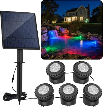 T-SUN Solar Pond Lights Set of 5 RGB Color Changing Submersible Underwater Pond Lights with 6 LEDs Each IP68 Waterproof Landscape Spotlight for Fish Tank Garden Yard Pool Fountain Pond Waterfall [Energy Class A]