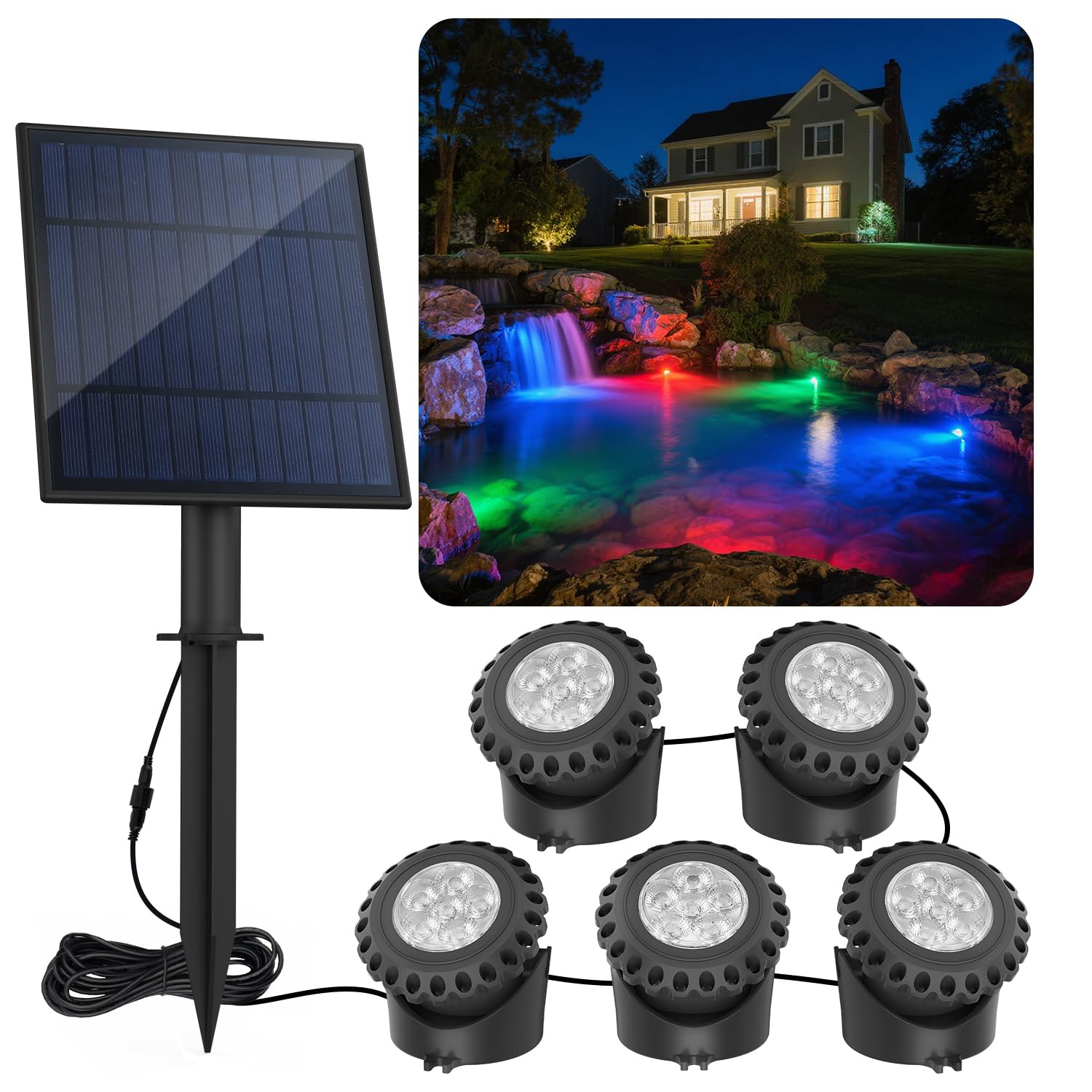 T-SUN Solar Pond Lights, RGB Underwater Spot Light Set of 5 Lights 6 LEDs Landscape Spotlight Underwater Lights IP68 Waterproof Amphibious Light for Fish Tank Garden Yard Pool Fountain Pond Waterfall