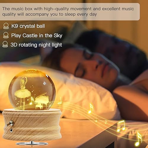 Miniatura 6 de Hwawhin Caja de música de bola de cristal 3D con luz LED de proyección y base de madera giratoria para Navidad, cumpleaños, día de San Valentín,