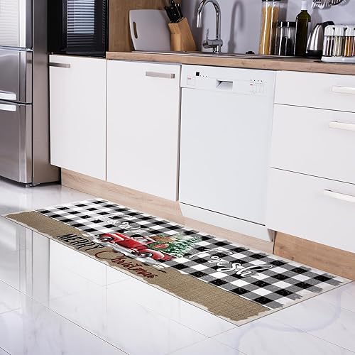 Miniatura 4 de Tinideya Christmas Rug Plaid Christmas Kitchen Rug Set of 2 Farmhouse Xmas Tree Truck Buffalo Check Mat for Kitchen Bath Room Decoration, 17 x 47 A