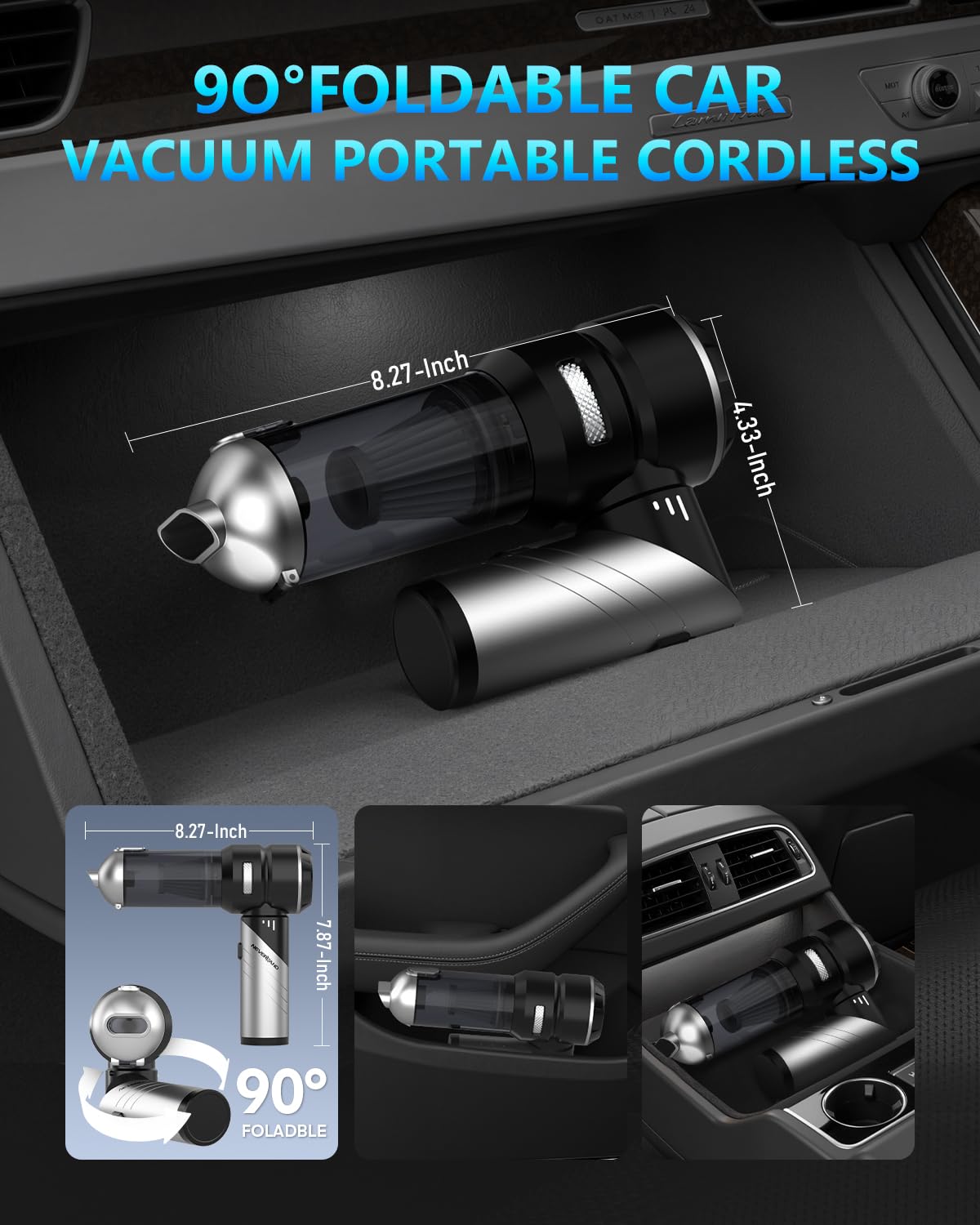 NEVERLAND Aspirapolvere portatile senza fili per auto, 15000PA, ad alta potenza, 4 in 1, portatile, pieghevole, piccolo kit di dettagli, ricaricabile, per auto, casa, ufficio