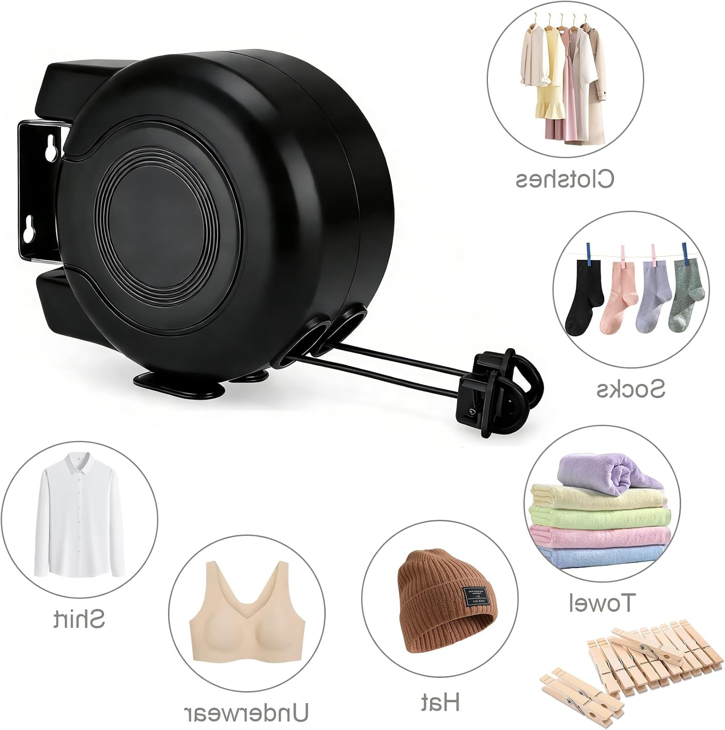 Retractable Clothesline Outdoor - 49 Feet Heavy Duty Dual Clotheslines for Outside Laundry Drying, Wall-Mounted & Portable Installation (Black)