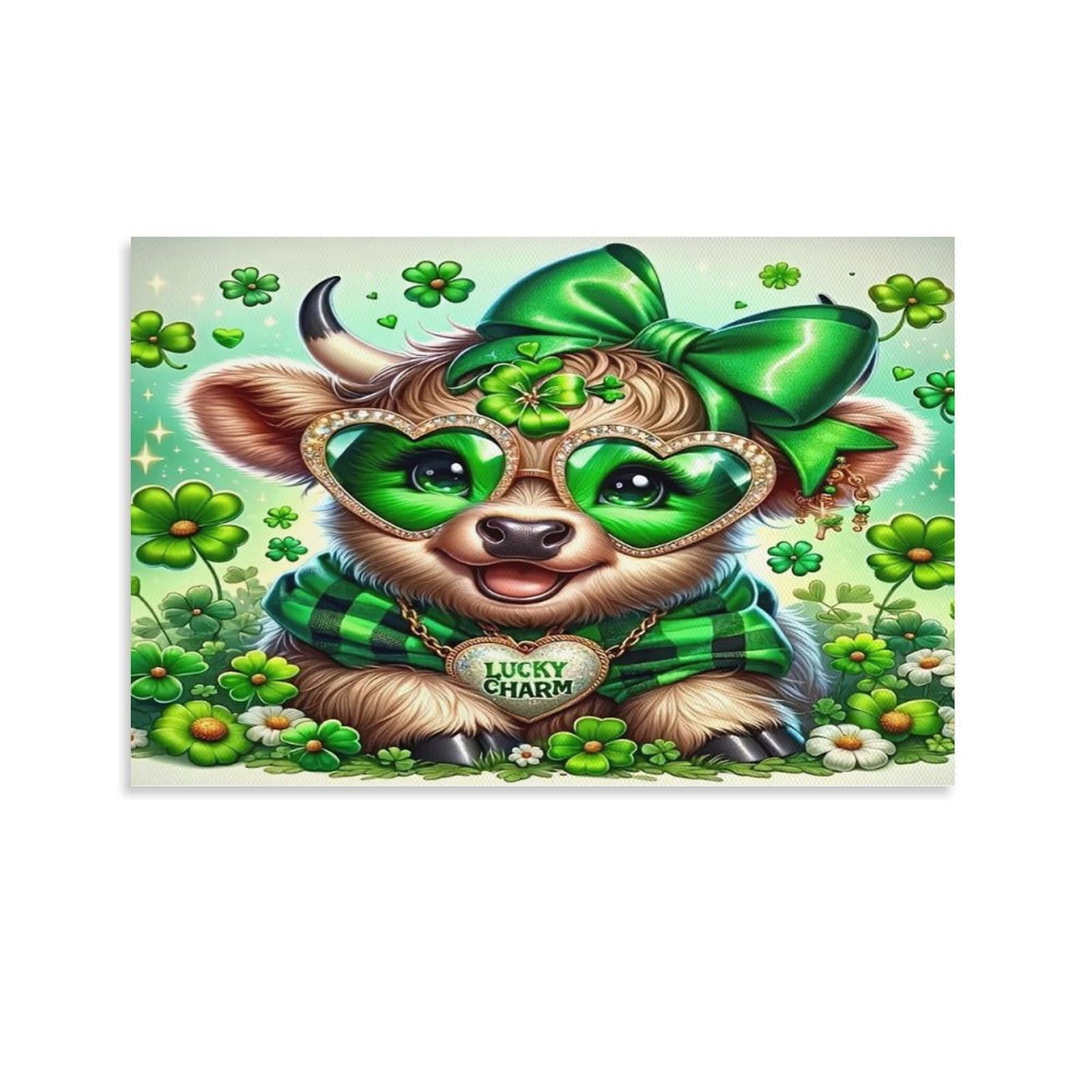 CPLVKWRQJ Cute Cow St Patricks Individual Highland Cow Green Bow Shamrock Glasses Canvas Print - Office Wall Art Fade Resistant Statement Piece Ready to Hang 20x30inch(50x75cm)