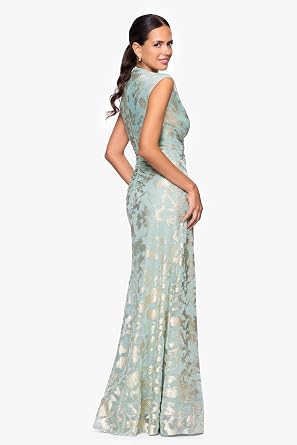 Betsy & Adam Women's Metallic Floral Print Mock Neck Sleeveless Knit Sheath Gown with Ruched Waist