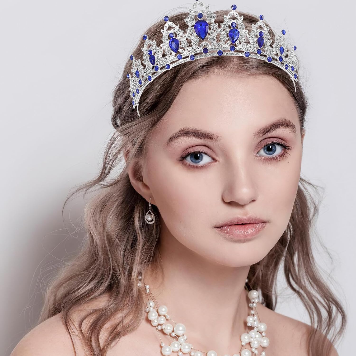Baroque Bridal Crown Tiara Silver and Blue Rhinestone Headwear for Women Wedding Prom Celebration Princess Accessories