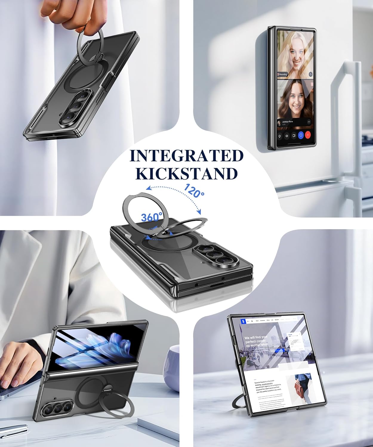 BERFY for Z Fold 7 Case with 360 Spin Magnetic Stand, Compatible with Magsafe, Built-in Screen Protector, Clear Plating Full-Body Shockproof Protective Phone Case for Samsung Galaxy Z Fold 7, Black