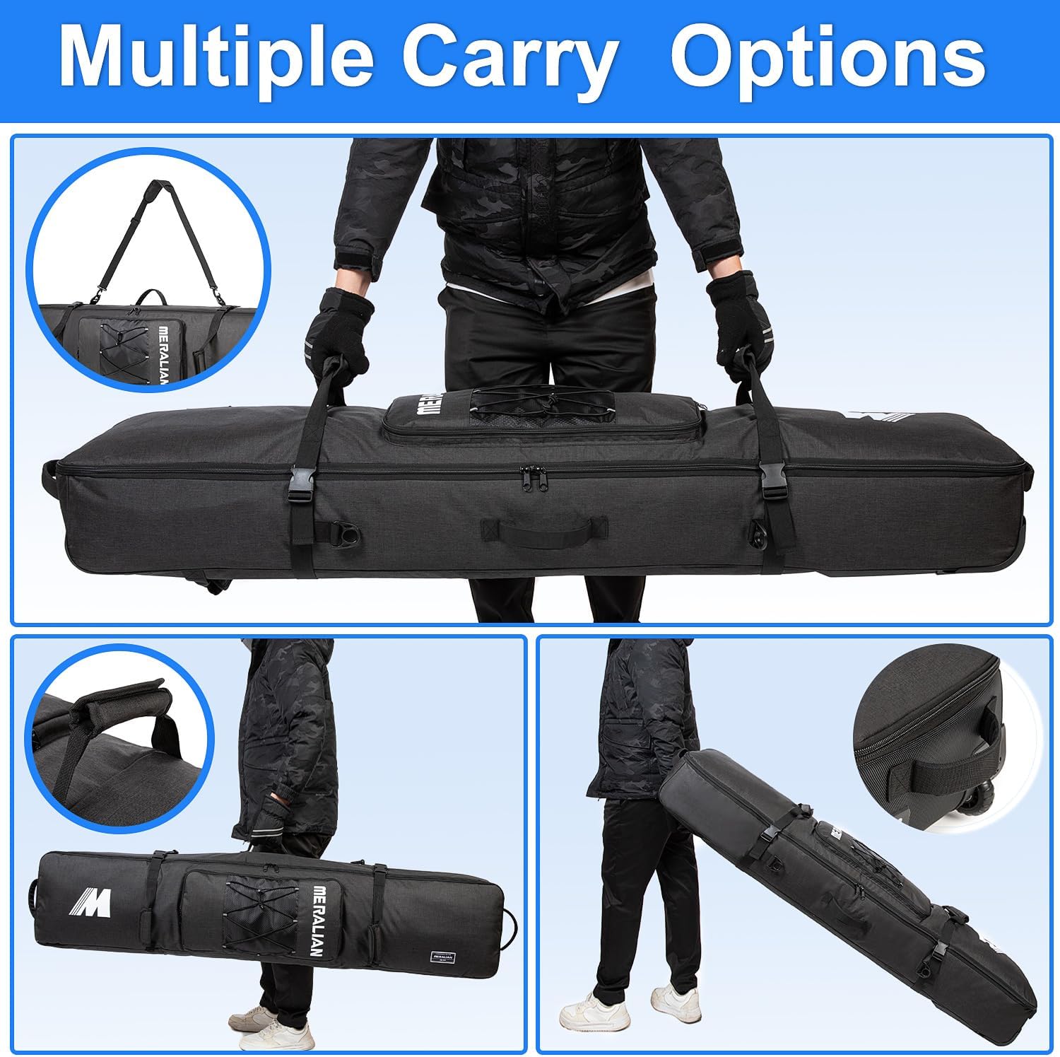 Snowboard Bag with Wheels, Padded Roller Snowboard Bag for Single Snowboard and Snowboard Boots,Available Length in 160cm and 170cm.