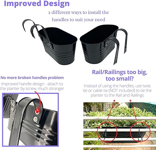 Miniatura 4 de LaLaGreen Maceta de Riel para Plantas de Exterior (11.2 Pulgadas, Paquete de 8) Macetas Colgantes de Hierro Metal Negro Barandillas de Terraza Cubos