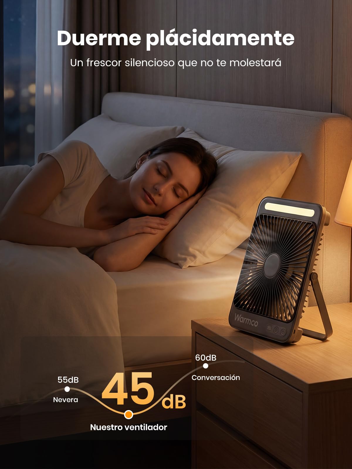 Warmco Ventilador Camping 20000mAh Recargable, 27cm de Alto Ultra-Delgado con Luz LED, 48H Duración, Ventilador Mesa Portátil para Tienda, Viaje, Exterior, Dormitorio