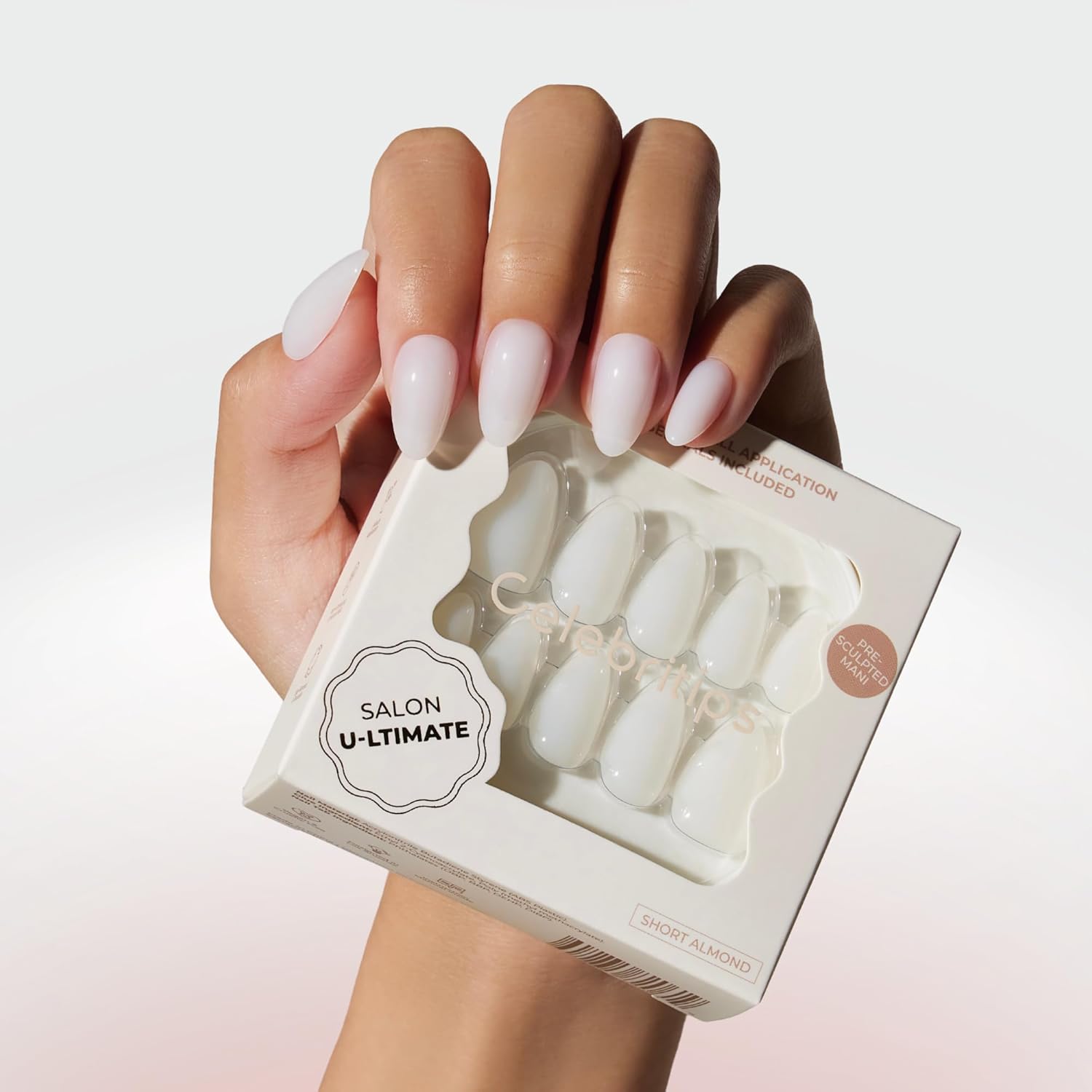 Celebritips Press On Nails - Salon U-ltimate™ | Sheer Milk, Short Almond Nails, Reusable | 16 sizes - 32 Nails Kit with Glue and Sticky Tabs