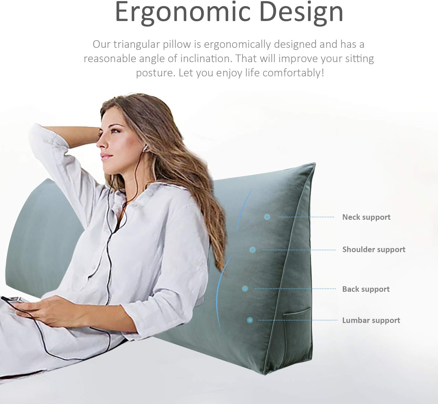 WOWMAX Large Bolster Triangular Positioning Support Reading Backrest Wedge Pillow for Headboard for Day Bed Bunk Bed with Removable Cover Velvet No Button Grey California King