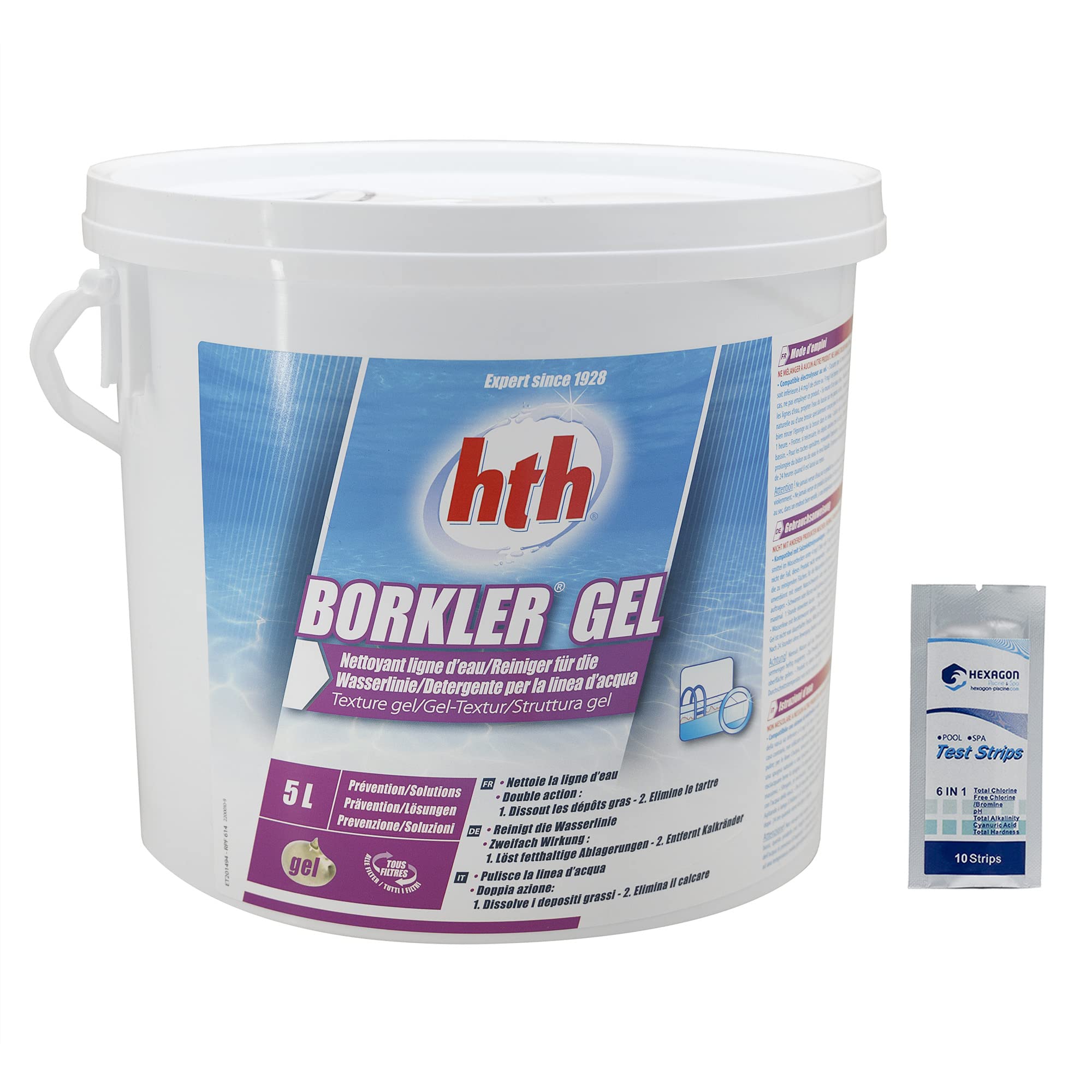 HTH BORKLER Gel - 5L | Nettoyant Ligne d'eau + 10 Tests HPS OFFERTS 6 en 1