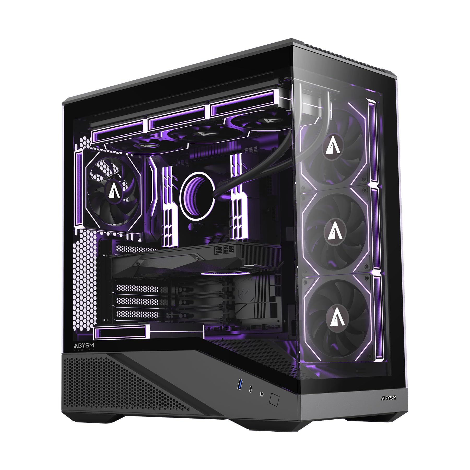 Abysm Gaming Arian Frame A400 – Torre ATX Gaming con Chasis Inclinado, 4 Ventiladores ARGB PWM, Cristal Templado, Soporte GPU 420 mm, USB Type-C, Refrigeración Líquida 360 mm – Caja PC Gamer Negra