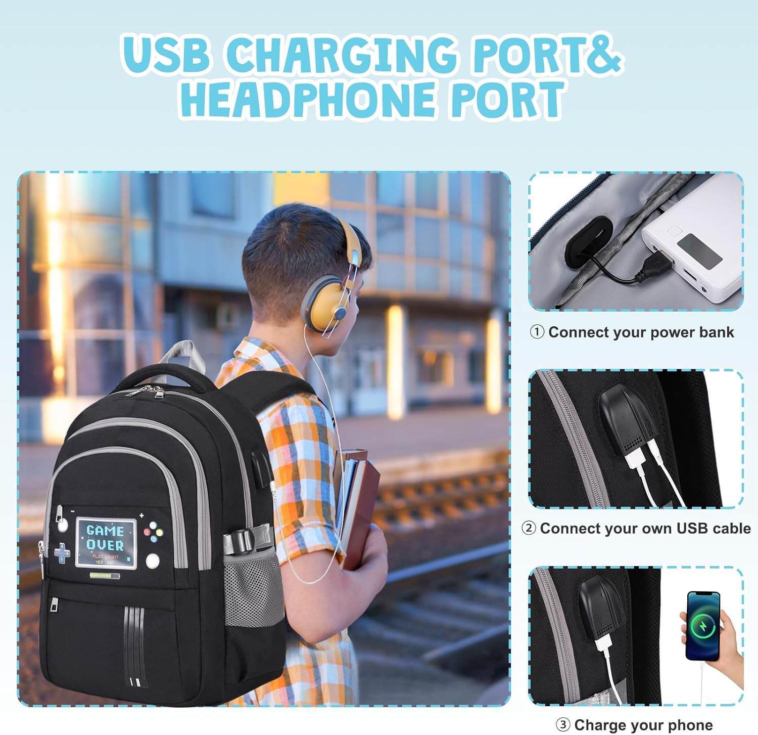 ACESAK Boys Backpack - 3PCS Cool Luminous Backpack for Boys School Backpacks for Kids Kindergarten Elementary Preschool Middle School Bags with Lunch Box Pencil Case Set (Black Game Screen)