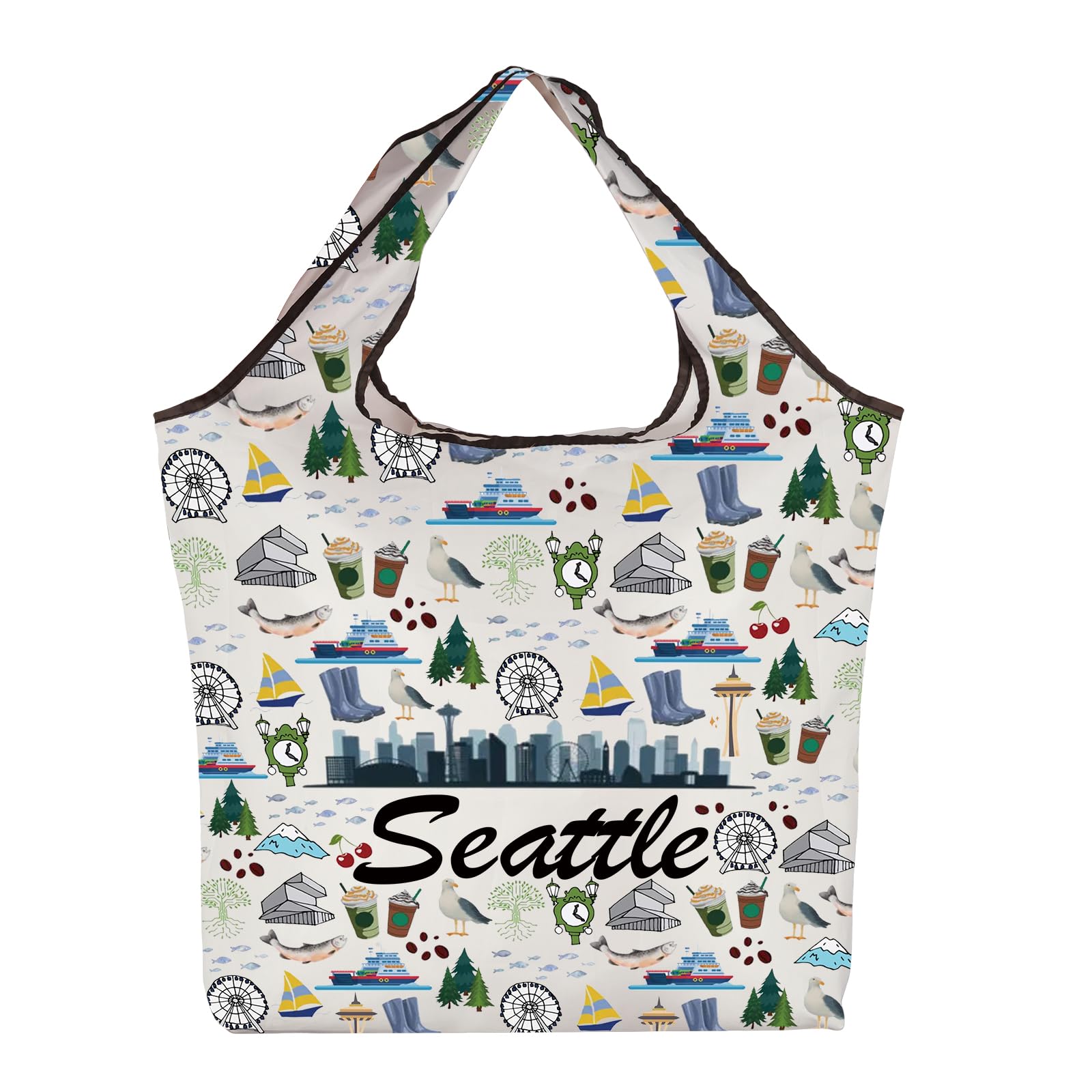 CMNIM Seattle Foldable Shopping Bag Seattle Souvenirs Gifts Seattle Themed Eco-Friendly Reusable Grocery Bag Fits in Pocket