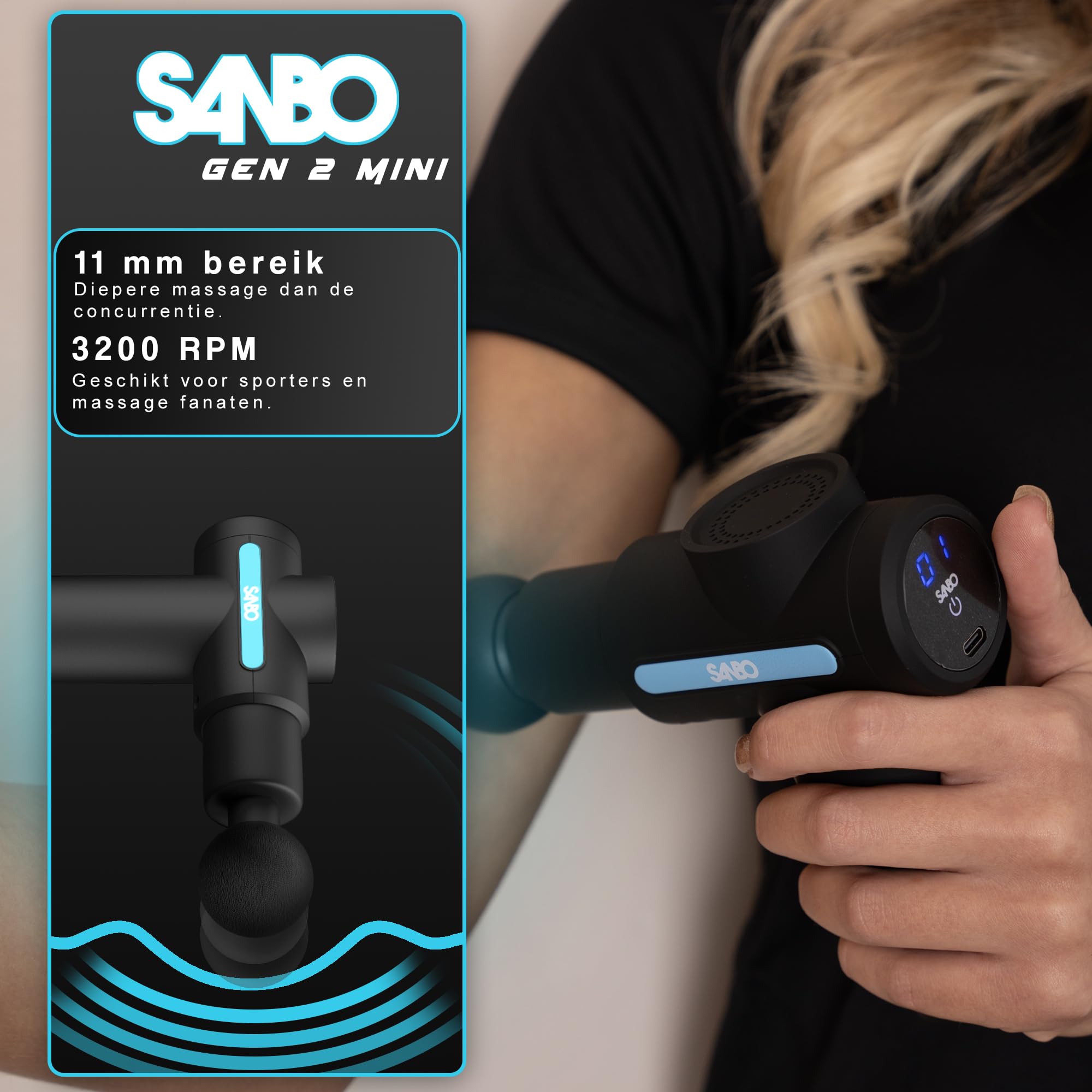 Sanbo Pistolet de Massage Musculaire Appareil de Massage Masseur de Muscle Profonds avec 6 Niveaux Réglables, 5 Têtes de Massage et l'Écran LCD Pour Soulager Douleurs et Raideurs Musculaires (Gen 2)