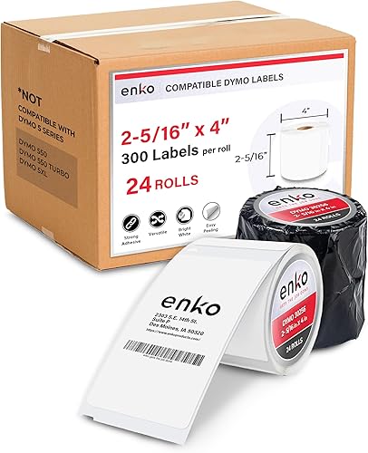 EnKo (24 rollos, 7200 etiquetas) Etiquetas de dirección, envío y código de barras 30256 (2-516 x 4 pulgadas) Compatible con Dymo LabelWriter