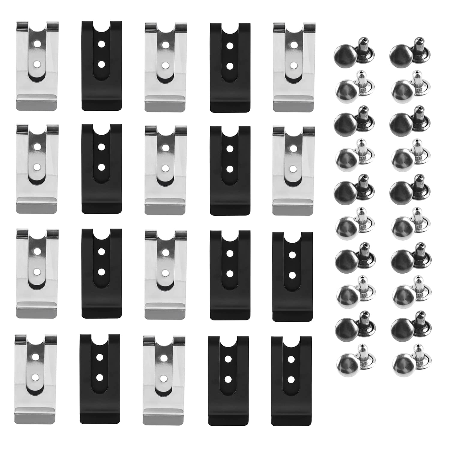 20 Pcs Buckle Spring Hook Belt Clip Holster Sheath Belt Clip Metal Mini Double Holes Belt Clip with 20 Pairs Rivets for Pouches Belt Bag Leather Crafts DIY (Black and Silver), Black and Silver
