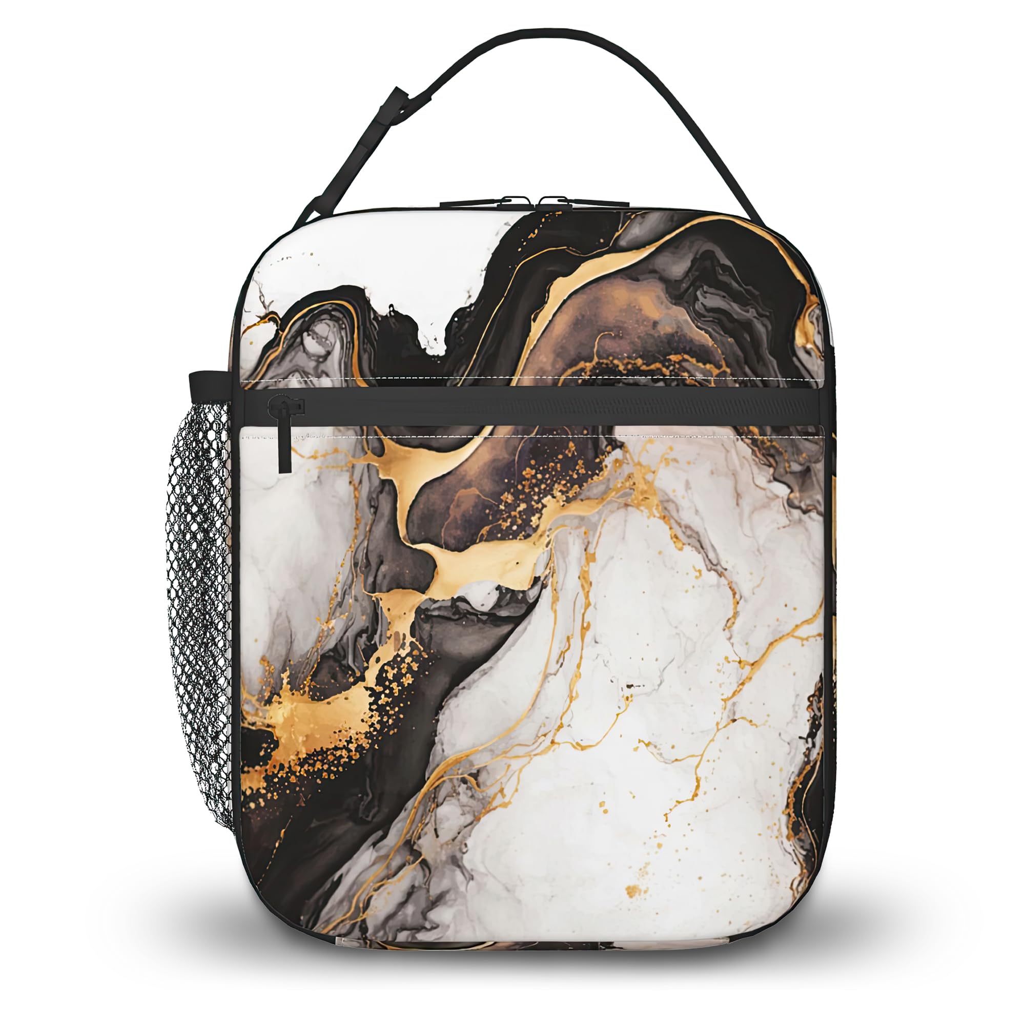 ZIGAHUA Black White Marble Insulated Small Lunch Box,Reusable Lunch Bag for Kids and Adults, Cute Animal Portable Thermal Bag with Multiple Pockets for School, Work, Picnic