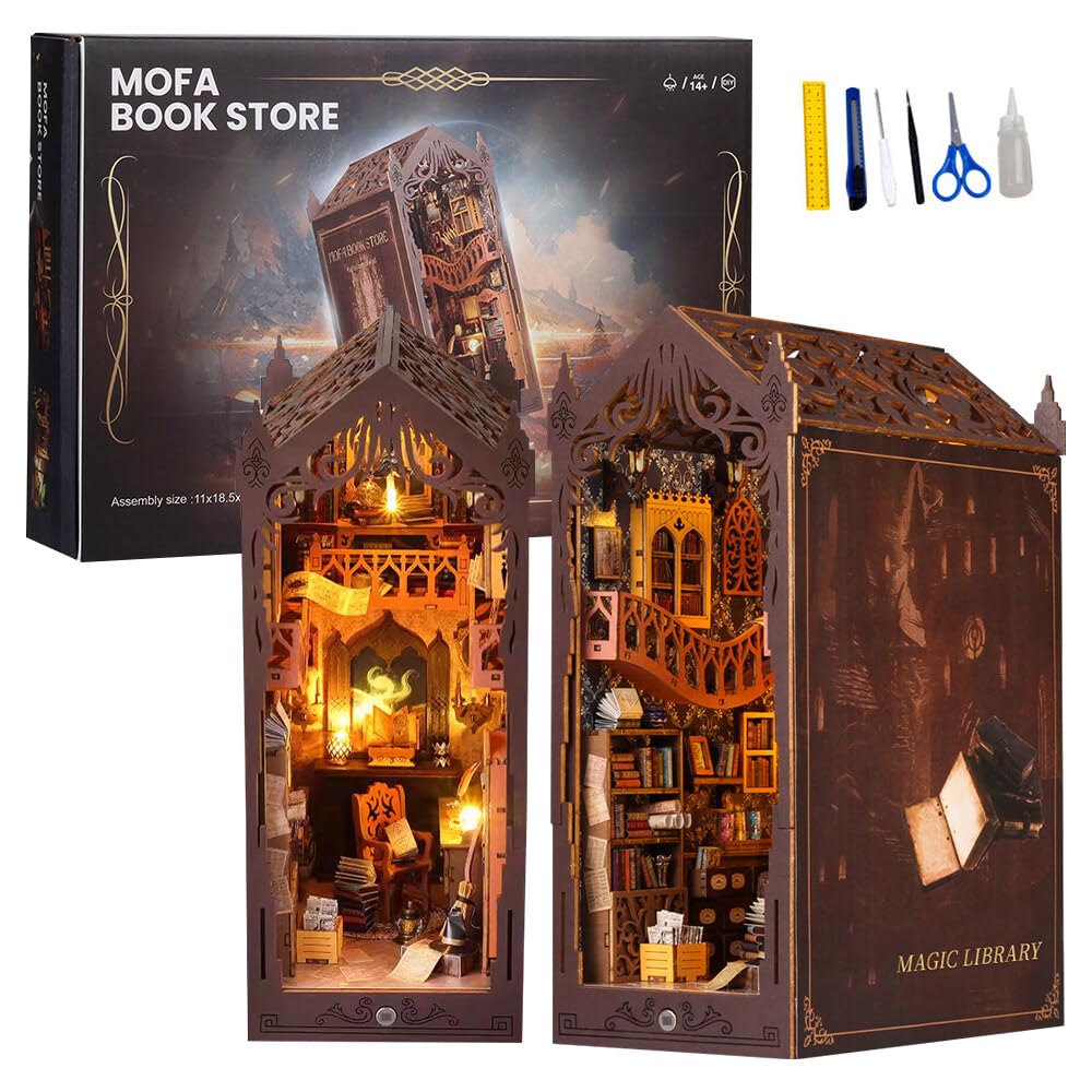 Nook-1 domek dla lalek, miniaturowy domek dla lalek, miniaturowy świat z oświetleniem LED, drewniane puzzle 3D, kącik regałowy, wkładka do książek, dekoracja biblioteki i prezenty