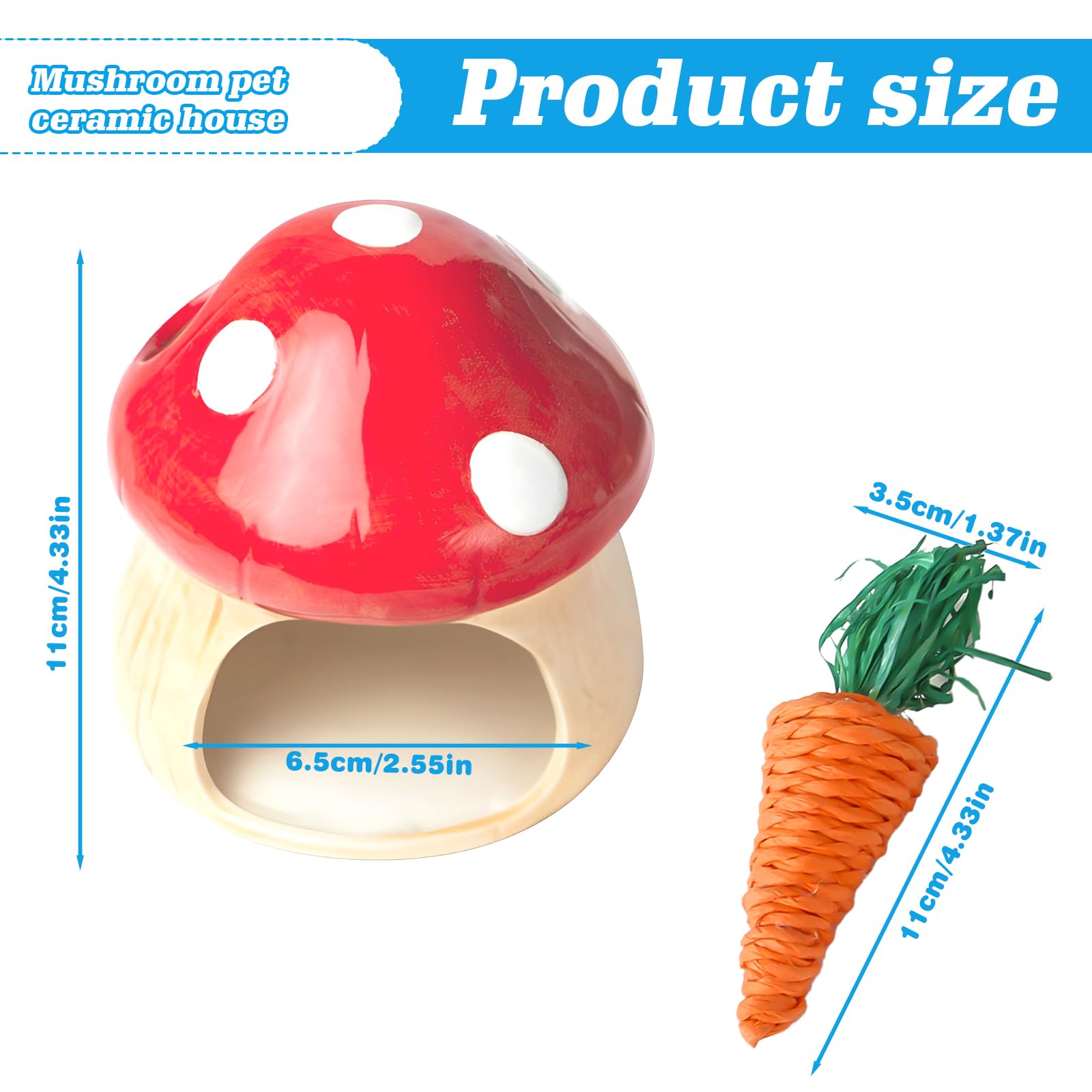 Maison en céramique pour hamster : cachette durable pour hamster, hamster et tunnel pour jouets dentaires en forme de champignon, grandes entrées pour gerbilles, souris, chinchillas (rouge)
