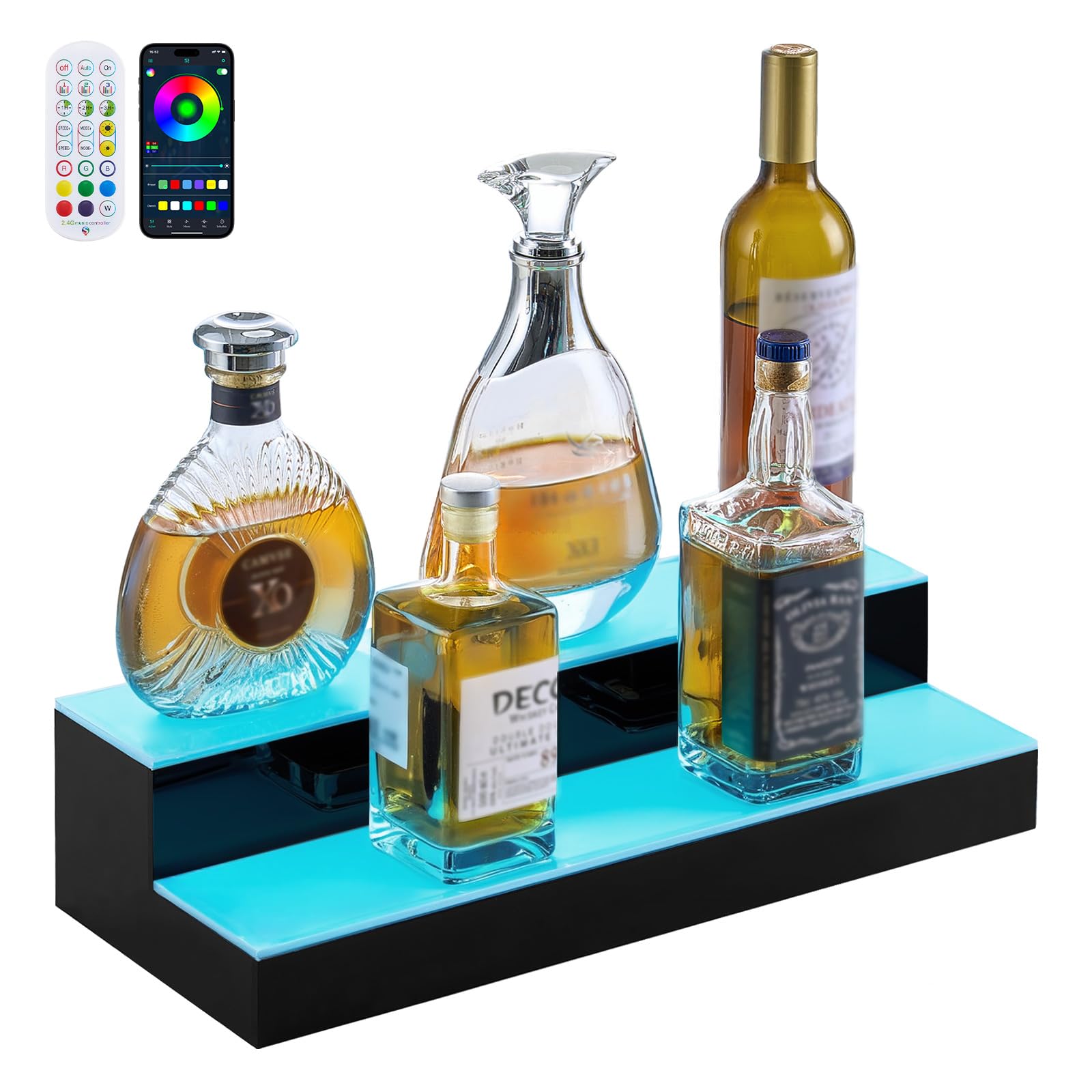 VEVOR LED Lighted Liquor Bottle Display, 2 Tiers 20 Inches Whiskey Rack, Supports USB, Illuminated Home Bar Shelf with RF Remote & App Control, 9