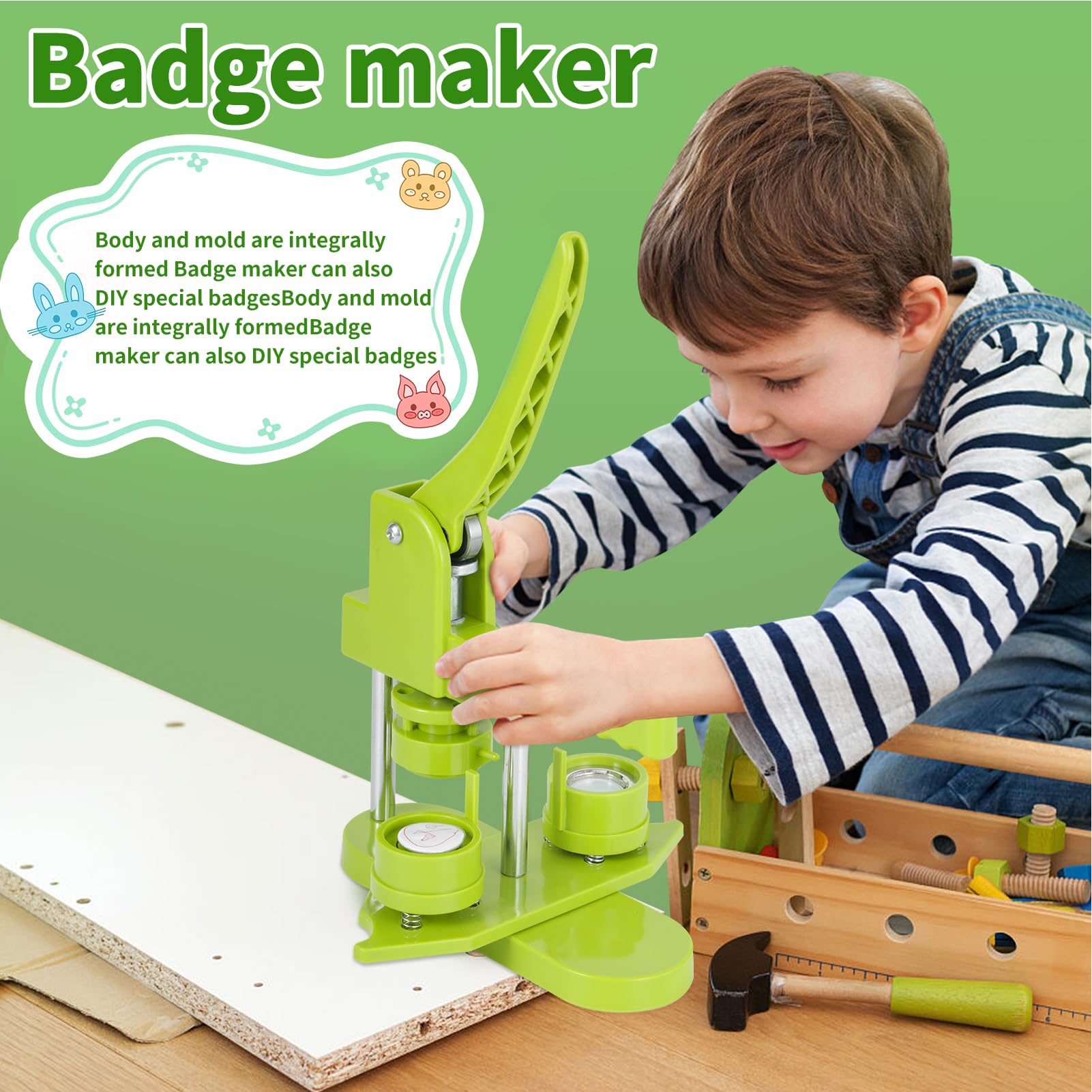 Maszyna do wyciskania plakietek, Maszyna do guzików, ze 100 guzikami/obrazkami i nożem do wycinania kółek dla postaci dla ludzi, dzieci DIY Gift Pin Maker (zielona, 32 mm)