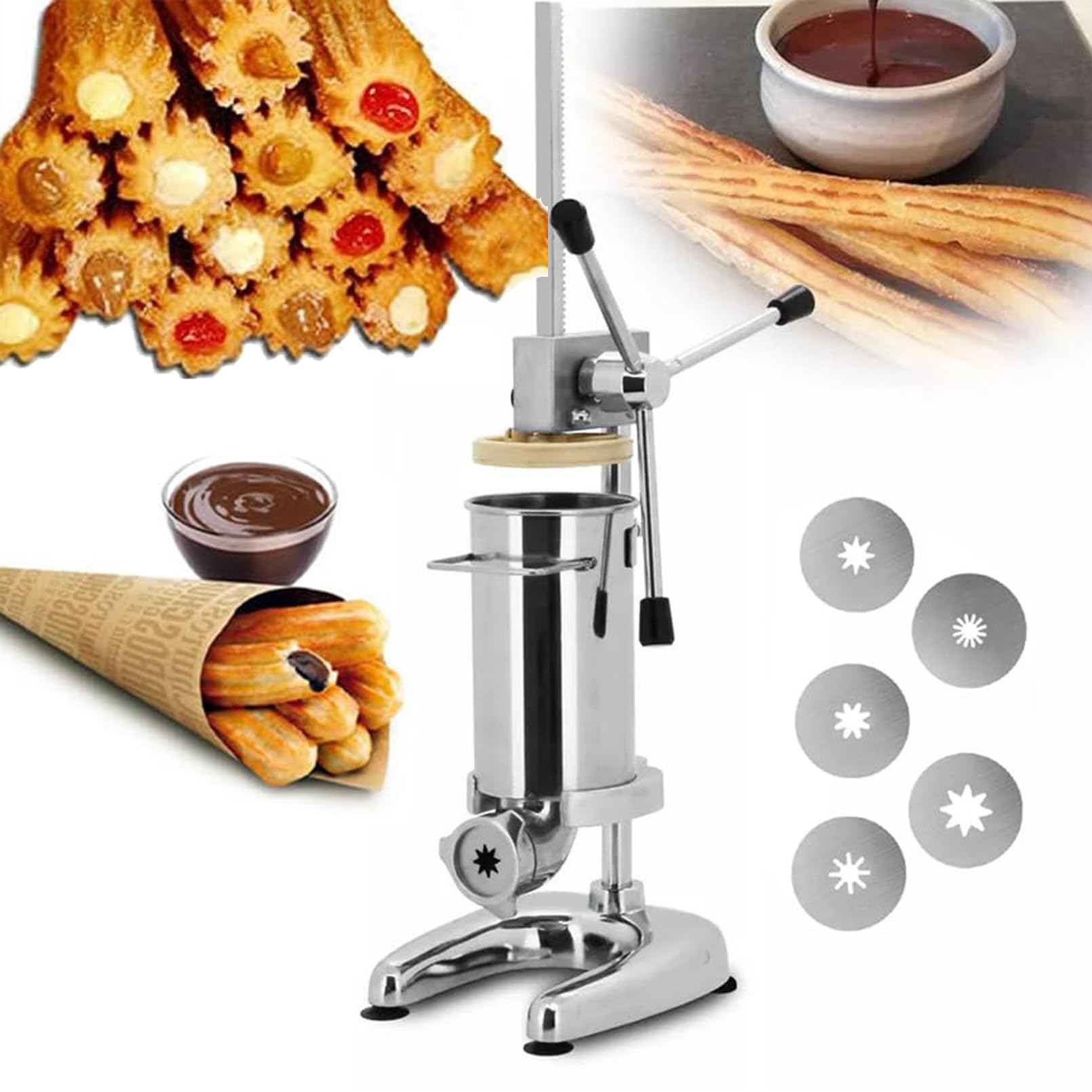 Machine à churros commerciale avec 4 moules – Acier inoxydable vertical espagnol Donut Churrera Maker pour restaurant et usage domestique. Équipement de collation.