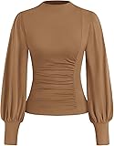 KIRUNDO Blouses for Women Dressy Casual 2026 Spring Tops Fall Puff Long Sleeve Shirts Fitted Mock Neck Ruched Trendy Tops Khaki Large