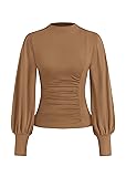KIRUNDO Blouses for Women Dressy Casual 2026 Spring Tops Fall Puff Long Sleeve Shirts Fitted Mock Neck Ruched Trendy Tops Khaki Large