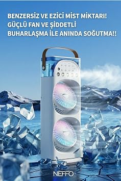 Şarjlı Kumandalı Dönen Işıklı Buz Buharlı Vantilatör Fan Nemlendirici Klima Soğutucu Çift Fanlı