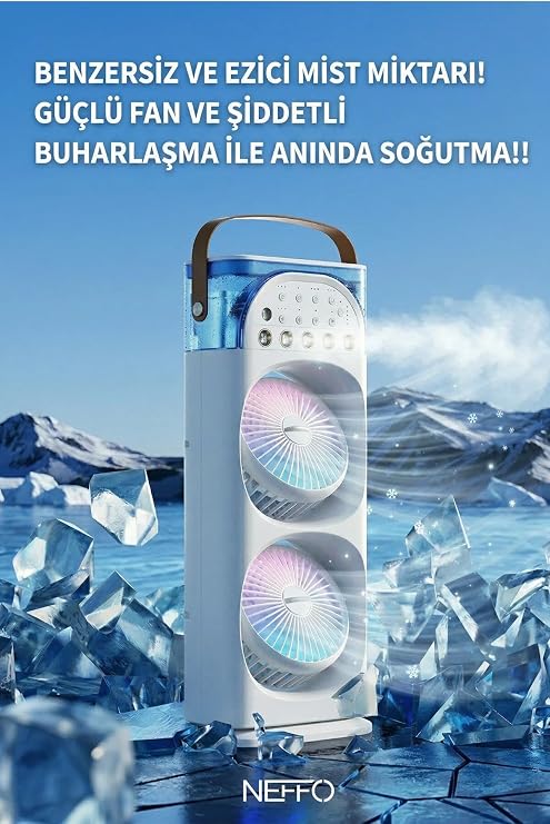 Şarjlı Kumandalı Dönen Işıklı Buz Buharlı Vantilatör Fan Nemlendirici Klima Soğutucu Çift Fanlı