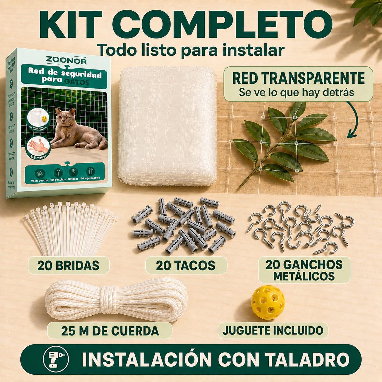 Red para Gatos Terraza Transparente 3x8m – Malla Protectora Balcón y Ventanas | Red Seguridad Gatos con Kit Fijación, Ganchos, Cuerda y Juguete | Resistente UV