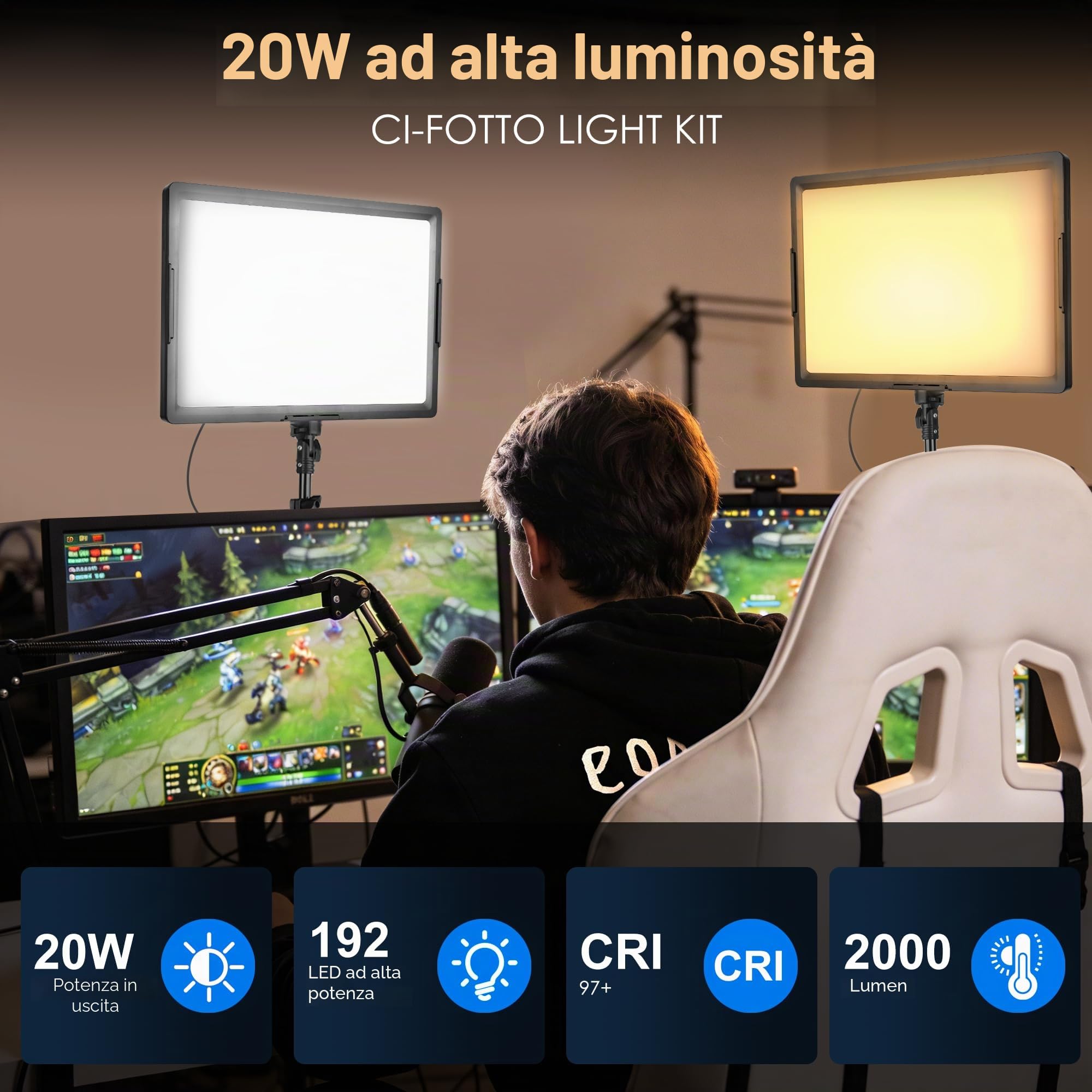 20W Luce Foto-video LED 2-Pack, Ci-Fotto Luci Continua Dimmerabile LED Bi-colore 2800-6500K, 175cm Kit di Illuminazione Fotografica CRI 97+ 2000LM per Studi, Registrazione Video YouTube TikTok